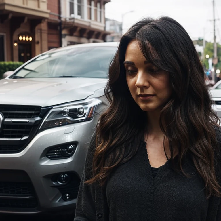 A delicate woman, wavy hair. She is looking at a black car parked in front of her.