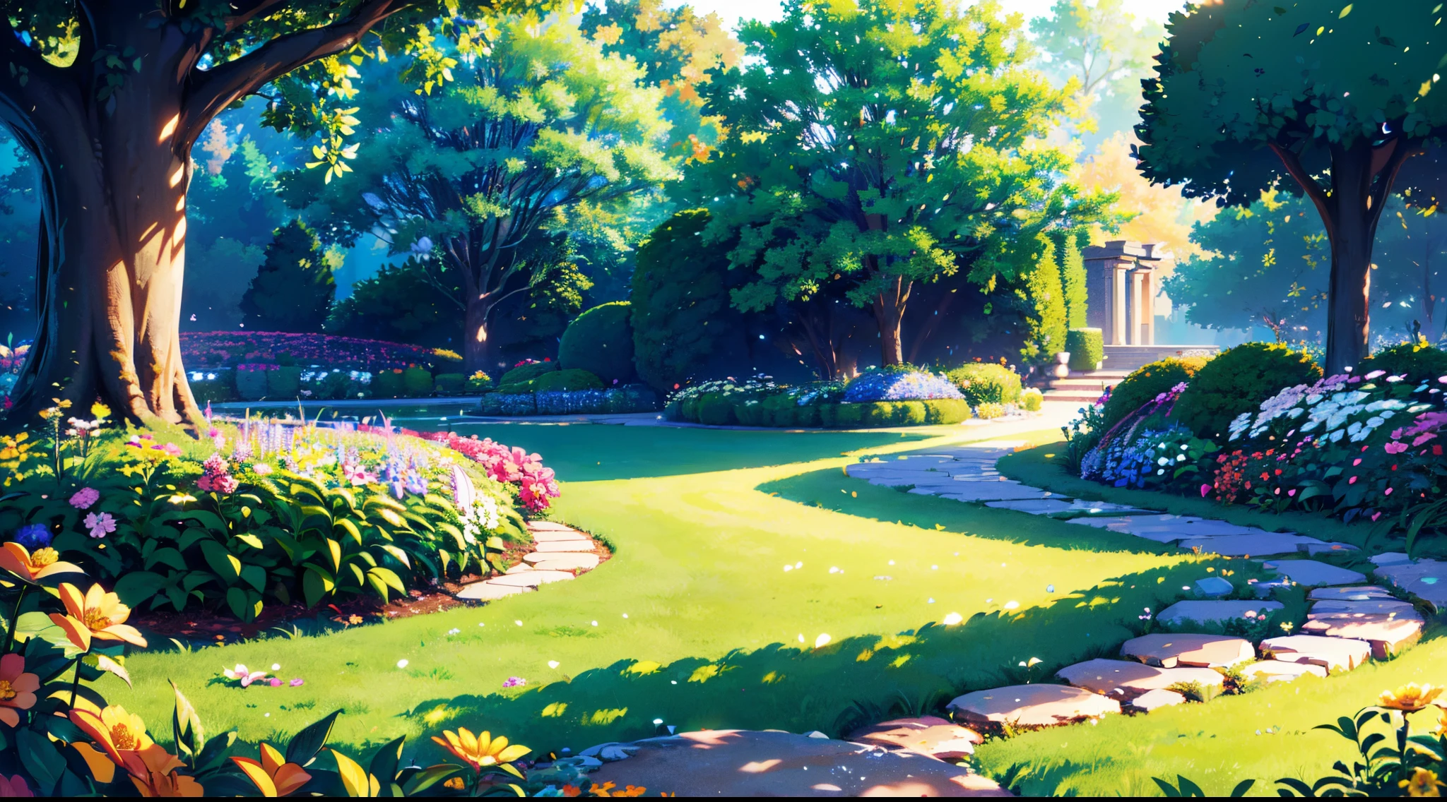 (extremely detailed CG unity 8k wallpaper, Masterpiece, Best Quality, Ultra-detailed), (better lighting, better shadow, extreamly delicate and beautiful), Flower Garden, Lush greenery, Sun light, flowing through, Depth of field, Warm and welcoming atmosphere.