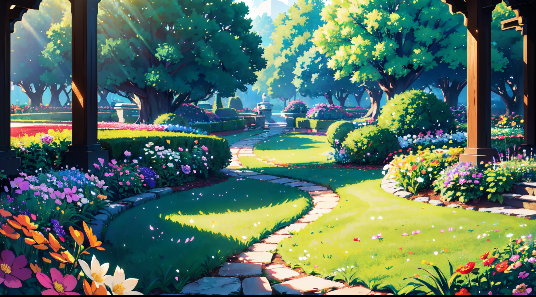 (extremely detailed CG unity 8k wallpaper, Masterpiece, Best Quality, Ultra-detailed), (better lighting, better shadow, extreamly delicate and beautiful), Flower Garden, Lush greenery, Sun light, flowing through, Depth of field, Warm and welcoming atmosphere.