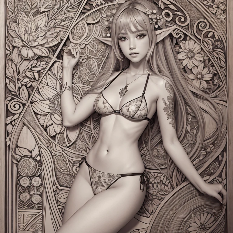 Line etching of a beautiful lewd elf woman with abstract floral designs all within a rectangle