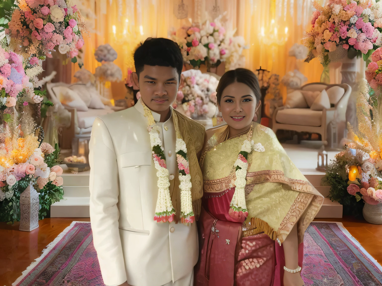 there are two people standing in front of a floral arch, sukhothai costume, lovely couple, in style of thawan duchanee, happy couple, couple, wedding, wearing traditional garb, backdrop, wedding photo, nivanh chanthara, bride and groom, thawan duchanee, groom, traditional, bride, traditional dress