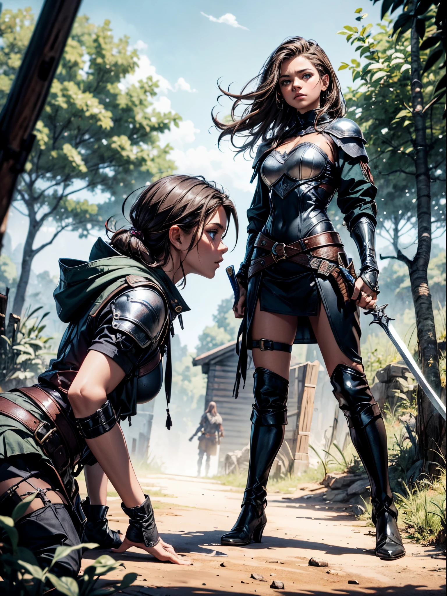 A young girl in leather armor armor with a sword (((is fighting))) ((two bandits in a clearing)) near a river, she is terrifief and exhausted, epic medieval movie scene, dutch angle, 1girl, from side, (Masterpiece, Excellent, complex details, color difference), realism, dynamic scene, RAW photography, top-quality, A high resolution, realism, dynamic scene, depth of fields, full body shot, highly detailed girl, highly detailed face,