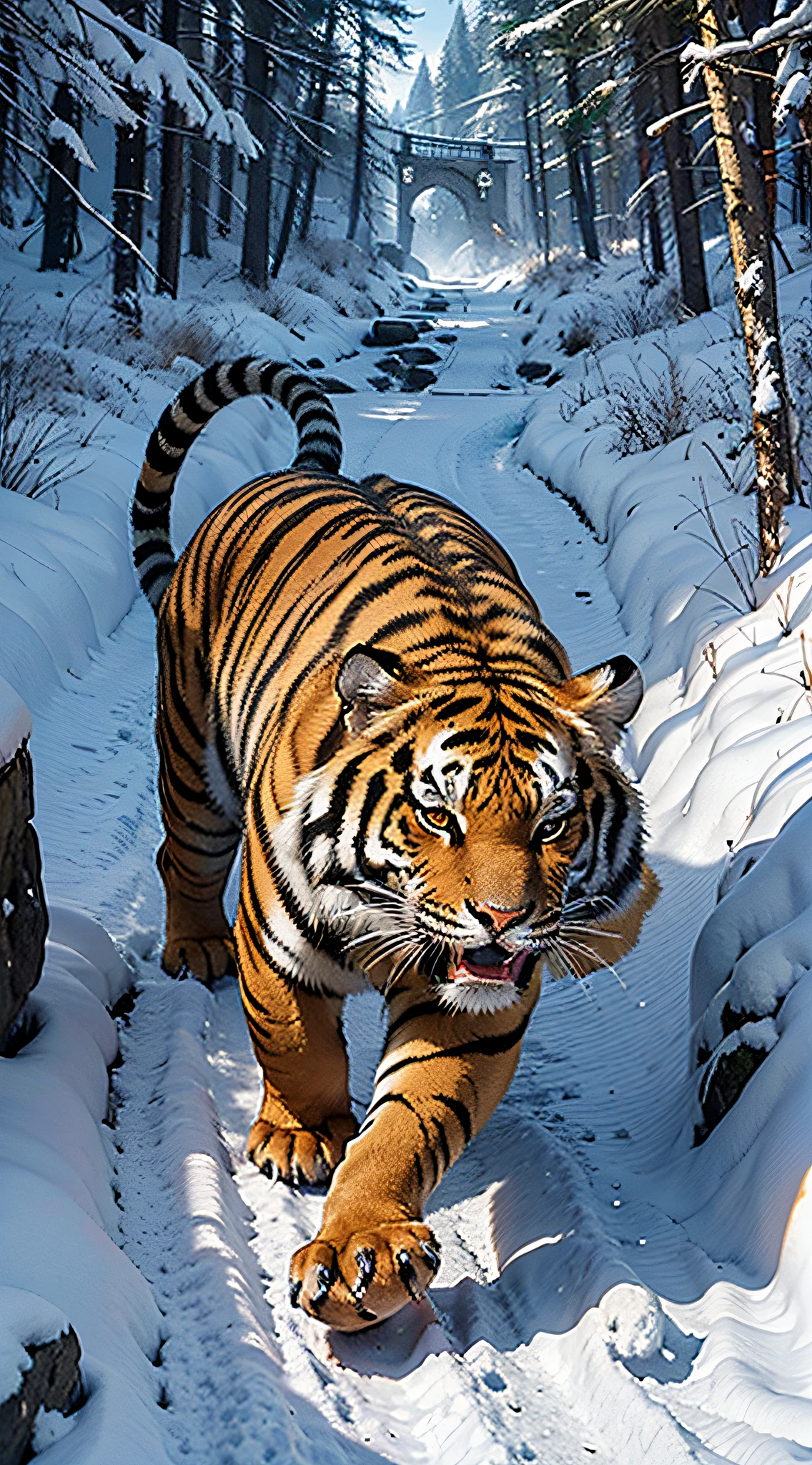 Illustration of a tiger running through snowy mountains, anatomically correct, Fierce facial expression 8K, a tiger_beast, 8K highly detailed digital art, epic digital painting, very detailed digital painting, Flying Tigers of Fire, amazing wallpaper, 8K fantasy art, Wallpaper 8K, Wallpaper 8K, Epic Digital Art Illustration, Epic full-color illustration, Concept Art Wallpaper 8K, UHD, ​masterpiece, ccurate, super detail, high detail, highs quality, Best quality at best, high resolucion, 8K