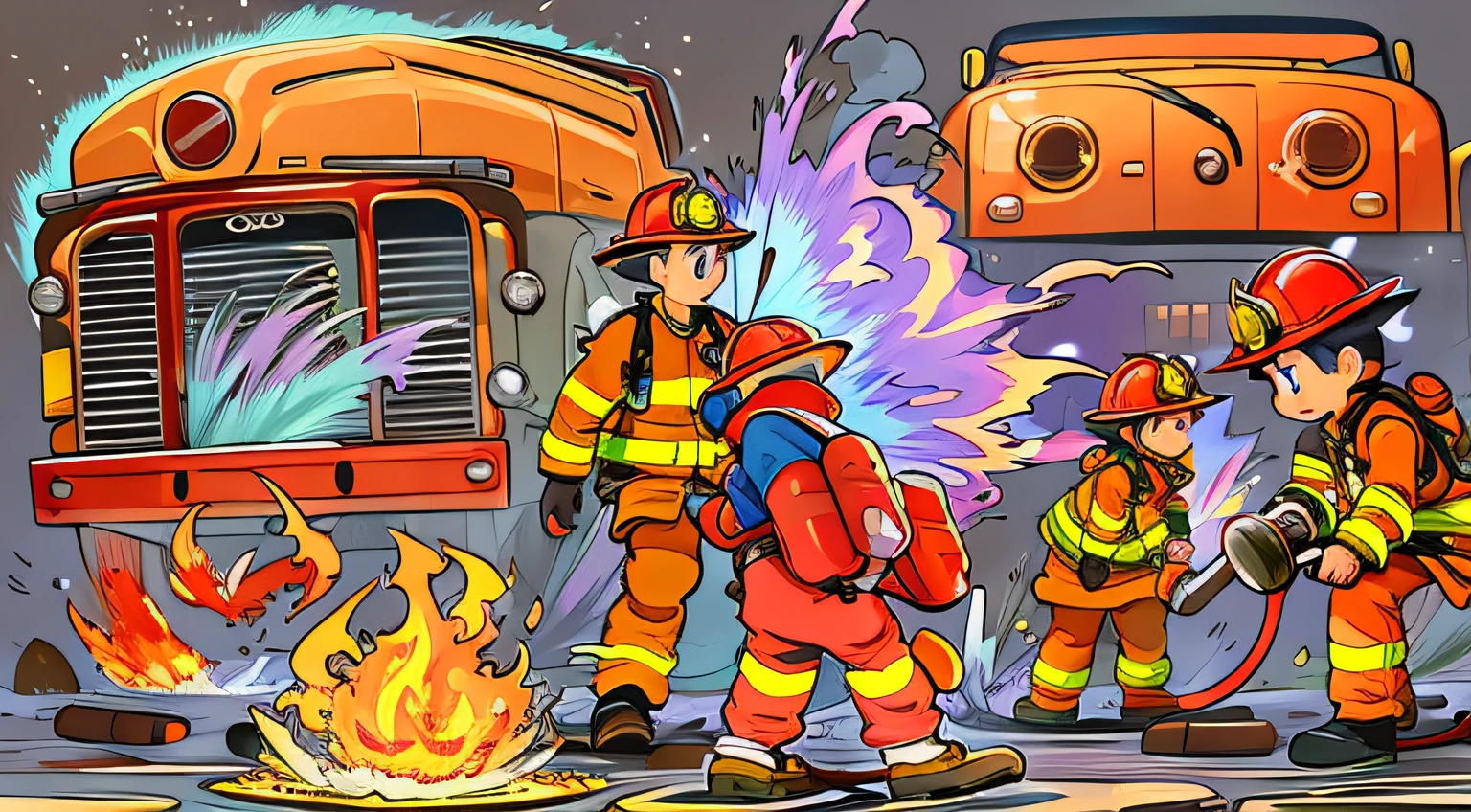 (a cartoon firefighter),(a fire truck),(cartoon character),(firefighting gear),(fire hose),(bright red fire truck),(cartoon fire engine),(firefighter's helmet),(reflective vest),(full-body protective suit),(dynamic action pose),(water spraying from the fire hose),(splashing water),(steam rising),(smoke),(burning flames),(intense firefighting scene),(bright and vibrant colors),(cartoonish style),(detailed textures),(high-resolution image:1.2),(realistic elements),(professional artwork),(vivid and contrasting colors),(dramatic lighting),(dynamic composition)