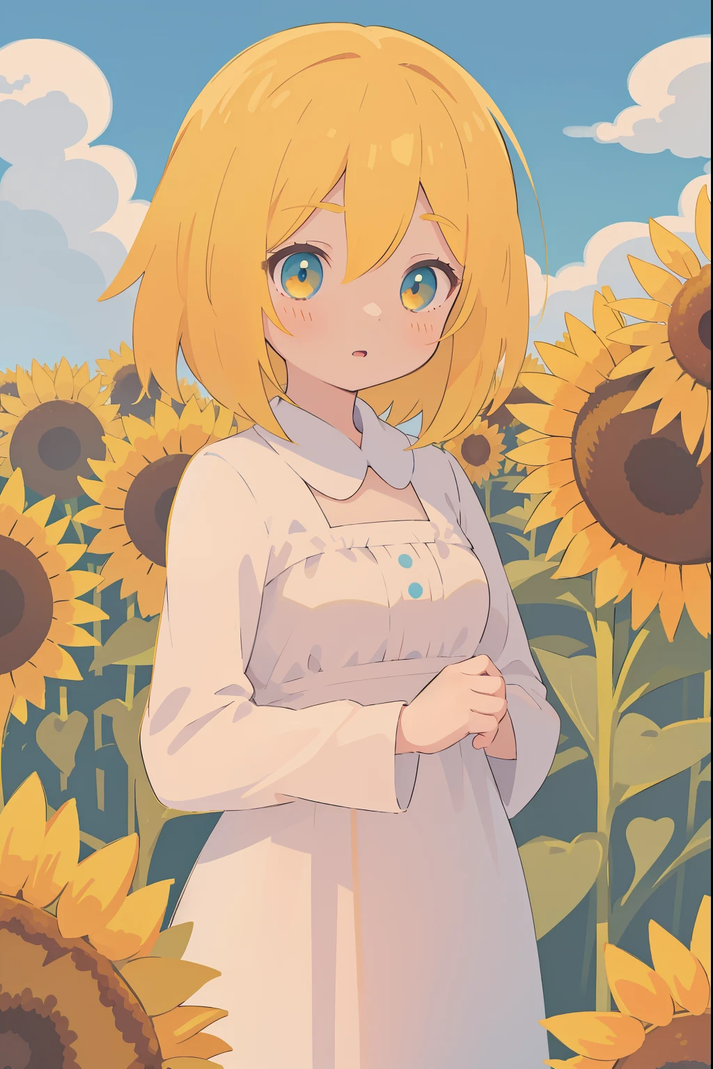 Anime style, 1 girl, 独奏, blonde woman, Cyan eyes, whitedress, upper-body, Big Face, sunflowers, Sunflowers, background field of sunflowers