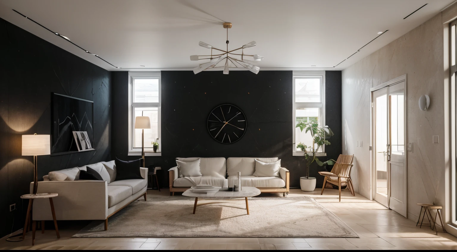 Interior design,liveroom,European minimalist style,Minimalist,Nordic style,(wood ash),inox and wood furniture,Multi-angle display,a 3D render、cozy indoor lighting、8K,terrazzo,janelas,Simple wall lamp,Concise wind,broad,Floor-to-ceiling windows,Dark marble floor tiles,Cold,Large flat floor