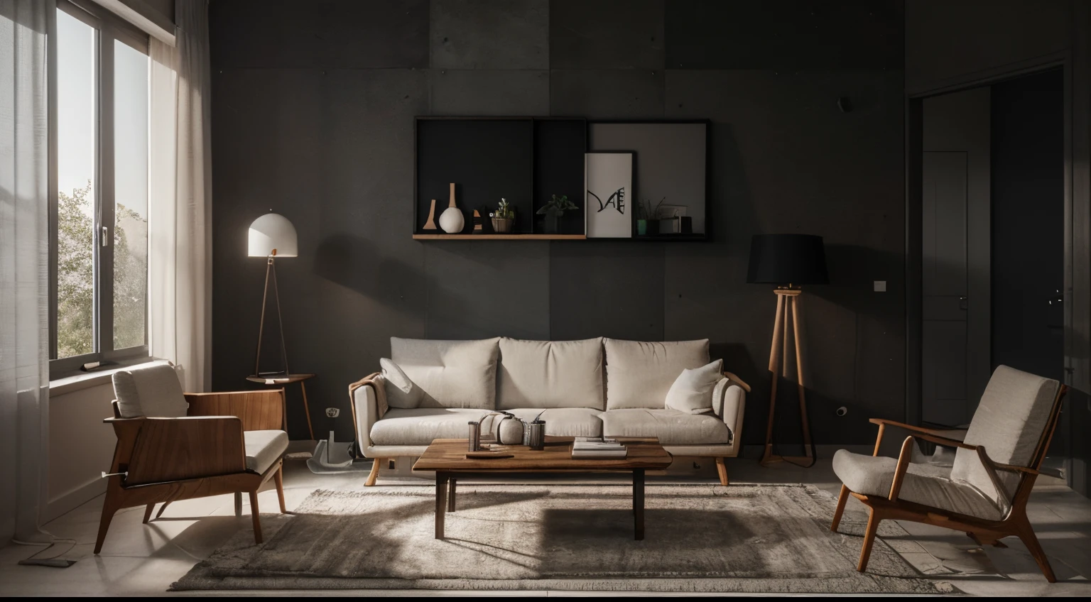Interior design,liveroom,European minimalist style,Minimalist,Nordic style,(wood ash),inox and wood furniture,Multi-angle display,a 3D render、cozy indoor lighting、8K,terrazzo,janelas,Simple wall lamp,Concise wind,broad,Floor-to-ceiling windows,Dark marble floor tiles,Cold,Large flat floor