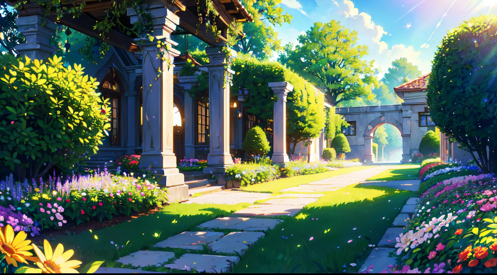 (extremely detailed CG unity 8k wallpaper, Masterpiece, Best Quality, Ultra-detailed), (better lighting, better shadow, extreamly delicate and beautiful), Flower Garden, Lush greenery, Sun light, flowing through, Depth of field, Warm and welcoming atmosphere.