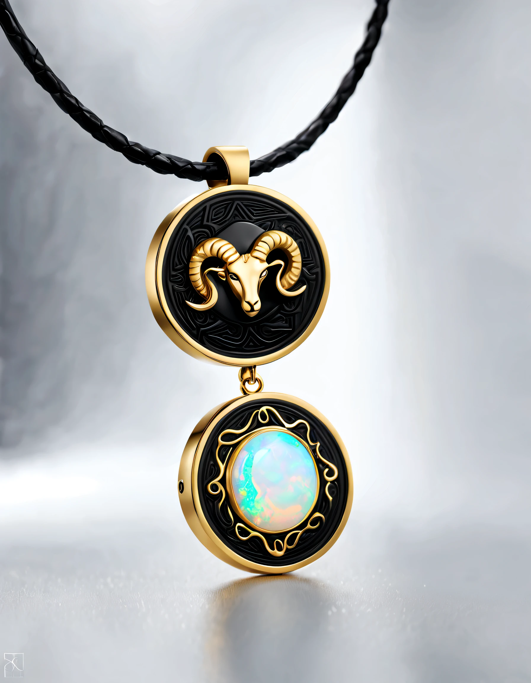 Item design, brand design, logo design,
(A black circular abstract pendant of Aries), (engraved with a golden little Aries), (a double opal: 1.3), (Aries zodiac symbol: 1.2), (pendant with Cindy Xu letters engraved on the side), (black leather rope), (black gold border: 1.1), frosted craftsmanship, geometric patterns, black stones, exquisite complex structure, Bohemian style, Van Cleopard, Cartier,
Background: White, jewelry photography, ultra-high definition, high quality,