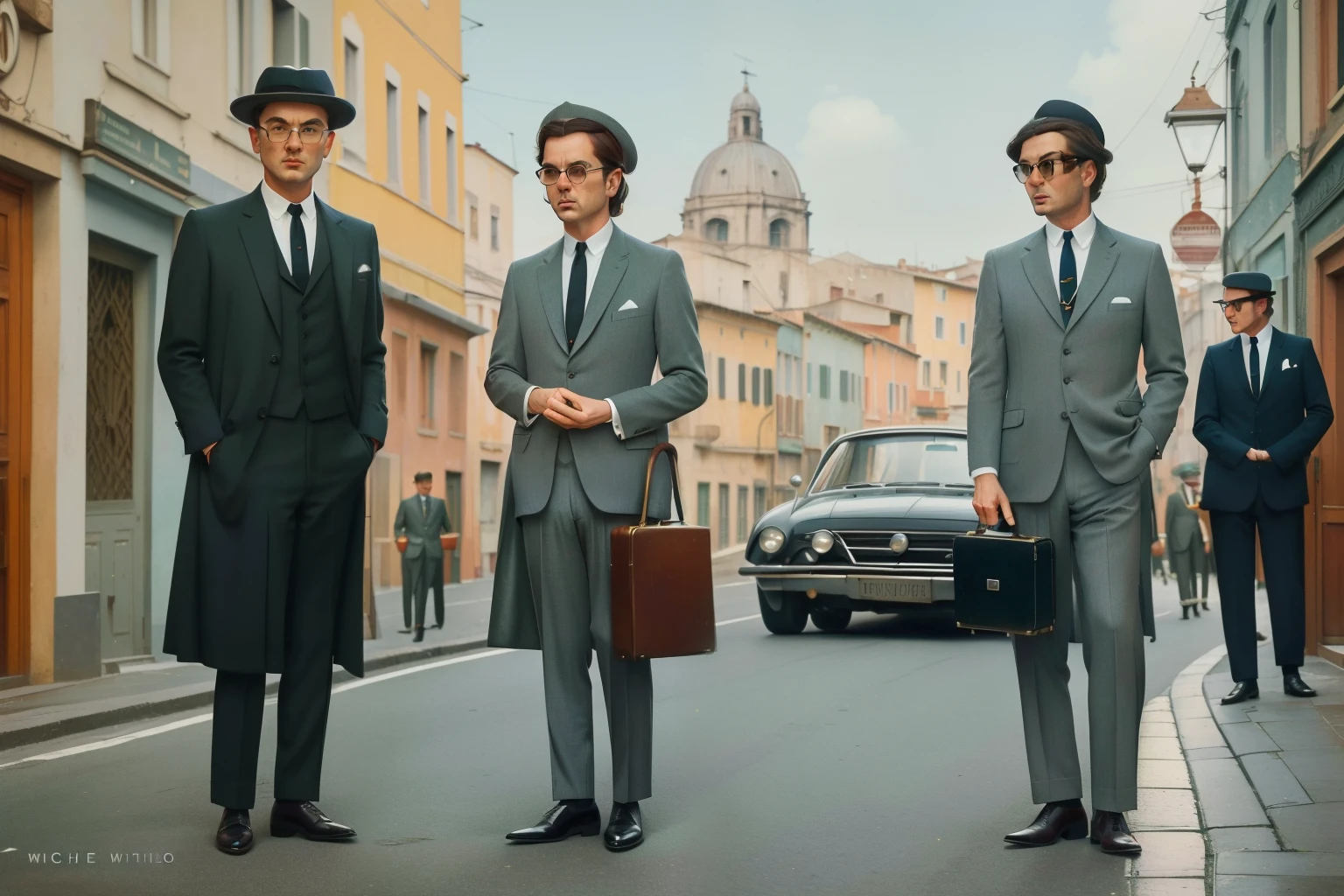 1965, Italy. Pre-raphaelite scene with a (very wide view) of a busy street, dispersed grey men, Michael Ende's grey men, with suit, hat, briefcases and a cigar, all in grey, sinister vibes ((((suits clothing of the 1960s)))), ((Wes Anderson cinematic style)), colorful