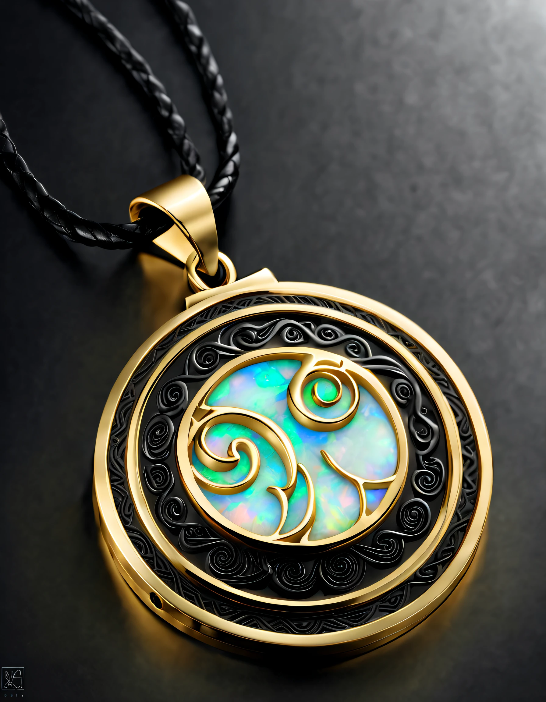 Item design, brand design, logo design, (A black circular abstract pendant of Aries), (engraved with a golden little Aries), (a double opal: 1.3), (Aries zodiac symbol: 1.2), (pendant with Cindy Xu letters engraved on the side), (black leather rope), (black gold border: 1.1), frosted craftsmanship, geometric patterns, black stones, exquisite complex structure, Bohemian style, Van Cleopard, Cartier, Background: White, jewelry photography, ultra-high definition, high quality,