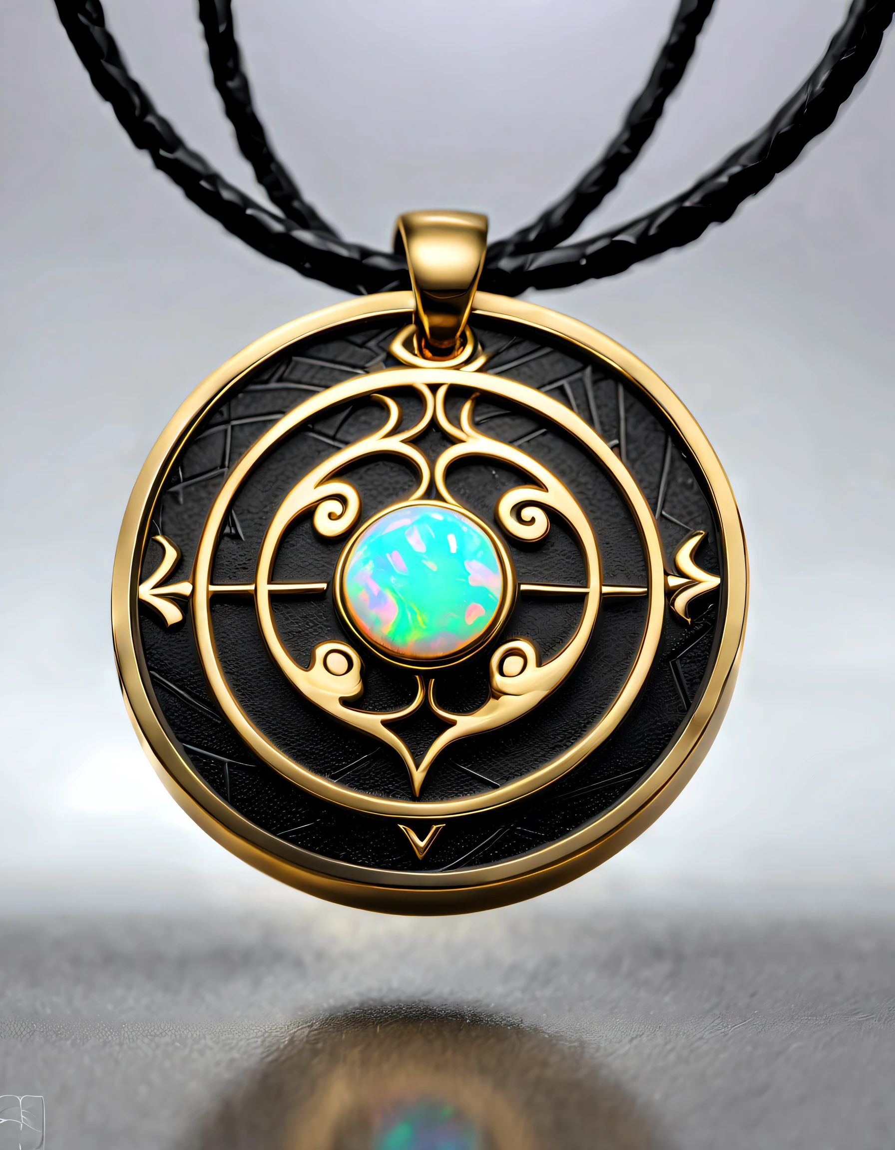 Item design, brand design, logo design, (A black circular abstract pendant of Aries), (engraved with a golden little Aries), (a double opal: 1.3), (Aries zodiac symbol: 1.2), (pendant with Cindy Xu letters engraved on the side), (black leather rope), (black gold border: 1.1), frosted craftsmanship, geometric patterns, black stones, exquisite complex structure, Bohemian style, Van Cleopard, Cartier, Background: White, jewelry photography, ultra-high definition, high quality,