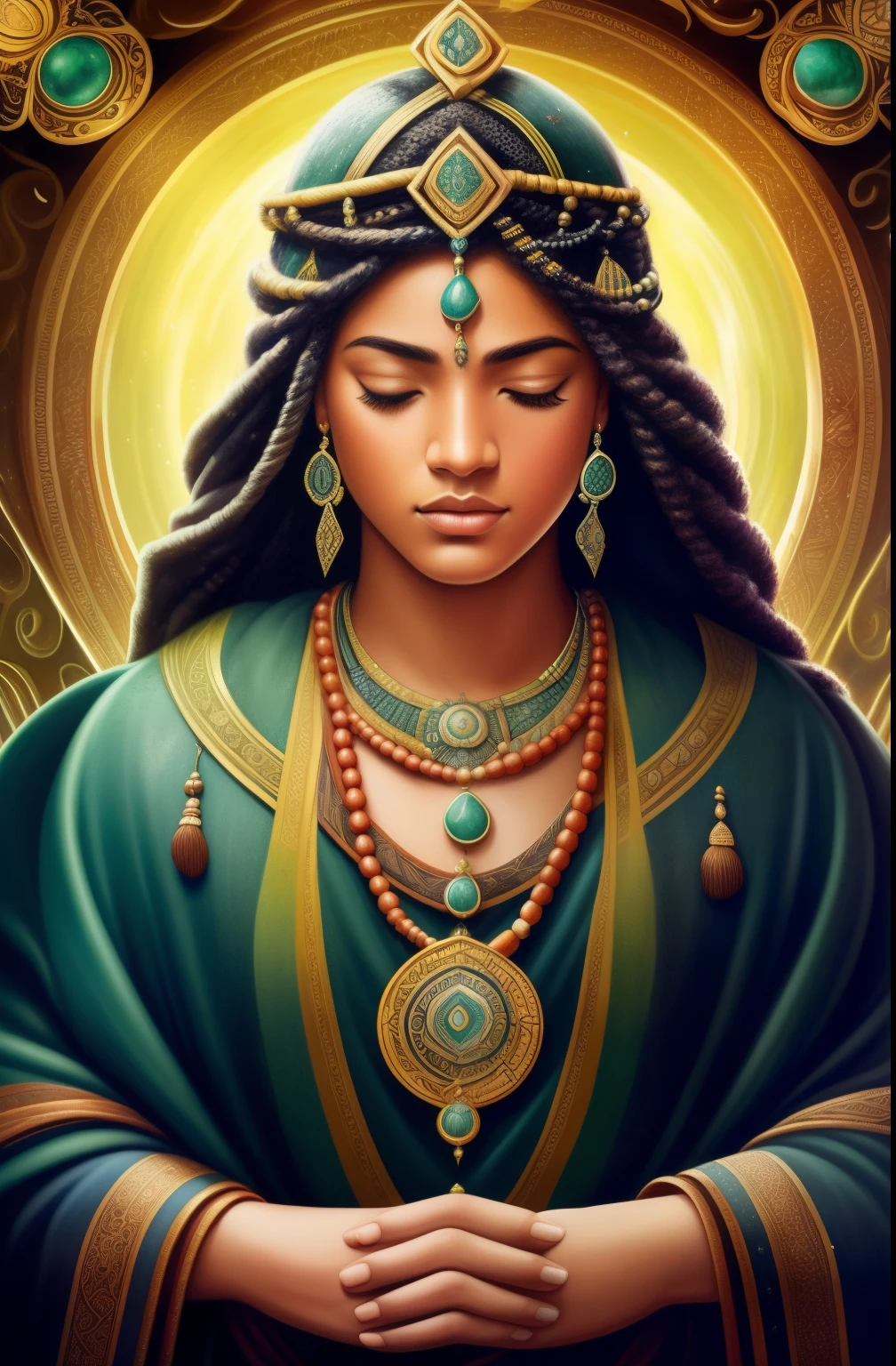 (Retrato completo), (meio plano), sozinho, plano de fundo detalhado, rosto detalhado, (stonepunkAI, tema de pedra: 1.1), Wise, (masculino), (Nativo americano), (cabelo bonito, plaits: 0.2), Shaman, septo penetrante, mistic, (rosto lindo), estonteante, head tilted upwards, (olhos fechados, serene expression), calma, Meditando, Seafoam Green roupas desfiadas, prayer beads, joias tribais, penas no cabelo, cocar:0,33, jade, obsidiana, roupas detalhadas, textura de pele realista, (particle floating, whirlwind of water, brasas, Ritual, redemoinho, vento: 1.2), foco nítido, volumeric lighting, bons destaques, bom sombreamento, subsurface scatter, intrincado, altamente detalhado, ((Kinematic )), Dramatic, (alta qualidade, Concedido, obra-prima: 1.5), (fotorrealista: 1.5), (Intricate symmetrical war painting: 0.5),