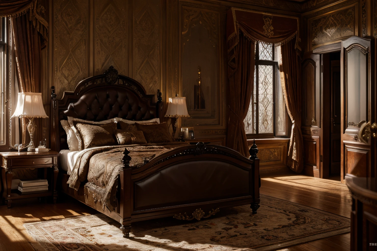 luxurious victorian era gothic bedroom interior detailed walls, rich ornate fabrics, (masterpiece:1.1) (painting:1.1) (weighted lines) (best quality) (detailed) (intricate) (8k) (HDR) (wallpaper) (cinematic lighting) (sharp focus)
