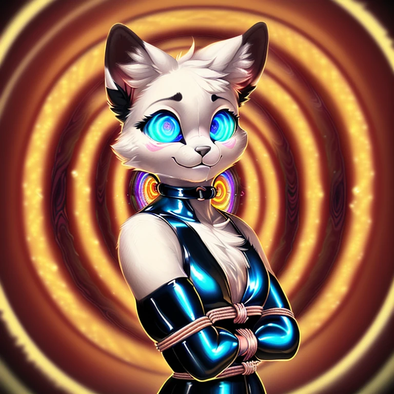 ((Uploaded on furaffinity:1.5), (uploaded on e621:1.5), (latex:1.5) ,anthro, furry, avian, (cinematic lighting), ((detailed background)), (((three-quarter view))), (half body shadow), (happy, wide eyes, cute), [realistic proportions], [explict content], [sharp focus], (questionable content), (shaded), ((masterpiece)), high quality, digital art, drawing, HD 4k, dreamlikeart, lens flare, upper body, looking at viewer, animal focus, furry, nudefursuit, 1girl, cute, kawaii, lovely, fur, fur head, narrow waist, animal ears, paw, paw shoes, ((Hypnosis)), ((Being hypnotized:1.75)), (Hypnotic Spiral eyes), (Hypnotic spiral background), ((bondage:1.75), (solo portrait:2)