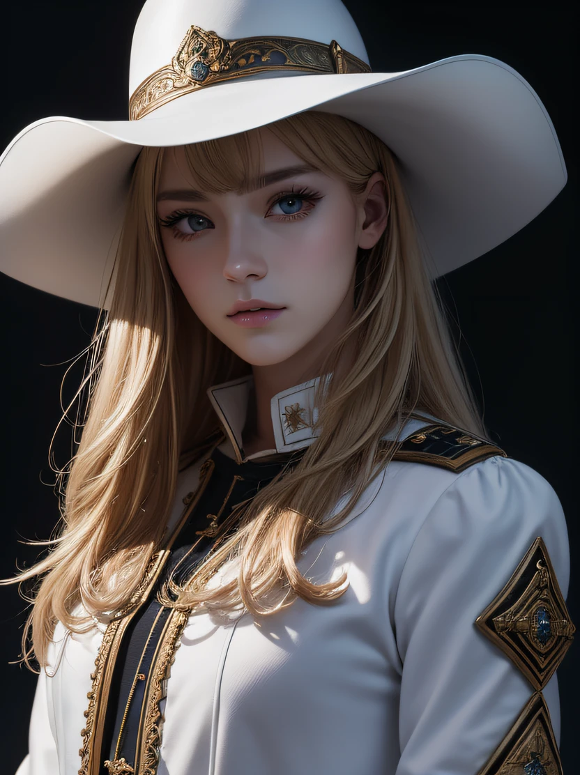 hightquality、hight resolution、​masterpiece、foco nítido、photographrealistic、Raw photography、lighting like a movie、Photorealistic portrait of stunningly beautiful woman、cowboy  shot、Frontal lighting、face lights、High brightness、Focus from the waist up、detailed symmetric realistic face、Highly detailed natural textures、ighly detailed、finely detail、a blond、palace musketeer white uniform、gothic intricate pattern、cavalry white hat、mark of the cross、long boots、Detailed hand depiction