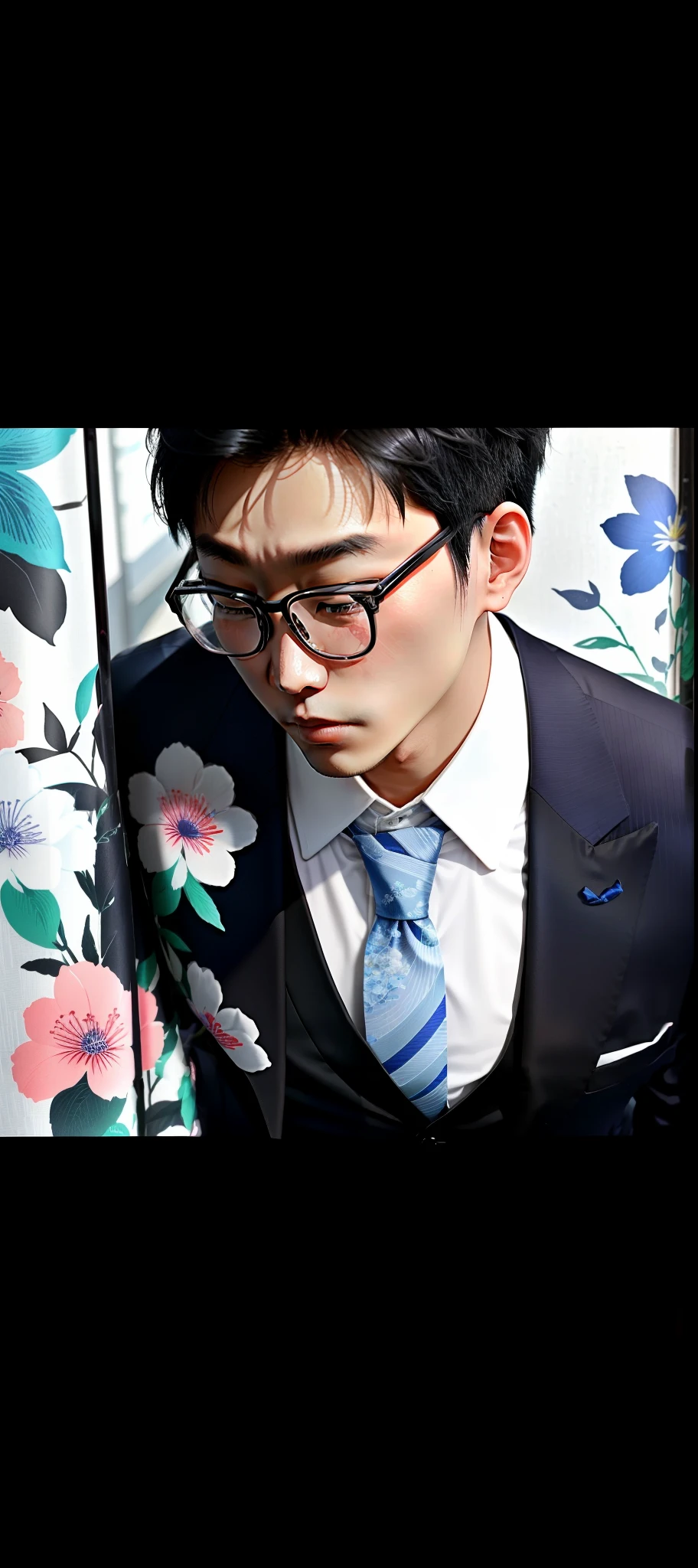 1.9 meters，年轻，About 30 years old，wearing black suits，Wears gold-rimmed glasses，florals