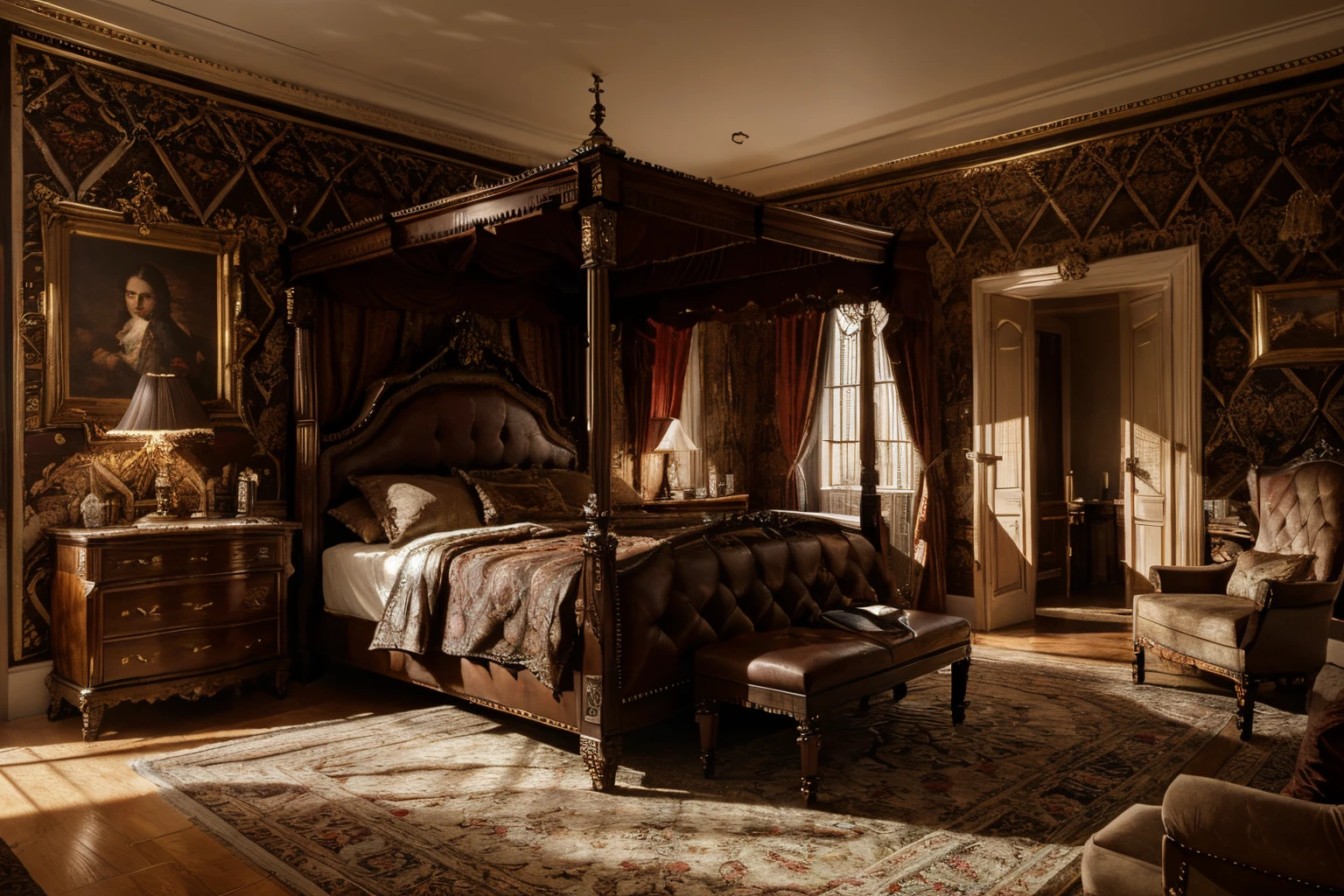 luxurious victorian era gothic bedroom interior detailed walls, rich ornate fabrics, (masterpiece:1.1) (painting:1.1) (weighted lines) (best quality) (detailed) (intricate) (8k) (HDR) (wallpaper) (cinematic lighting) (sharp focus)