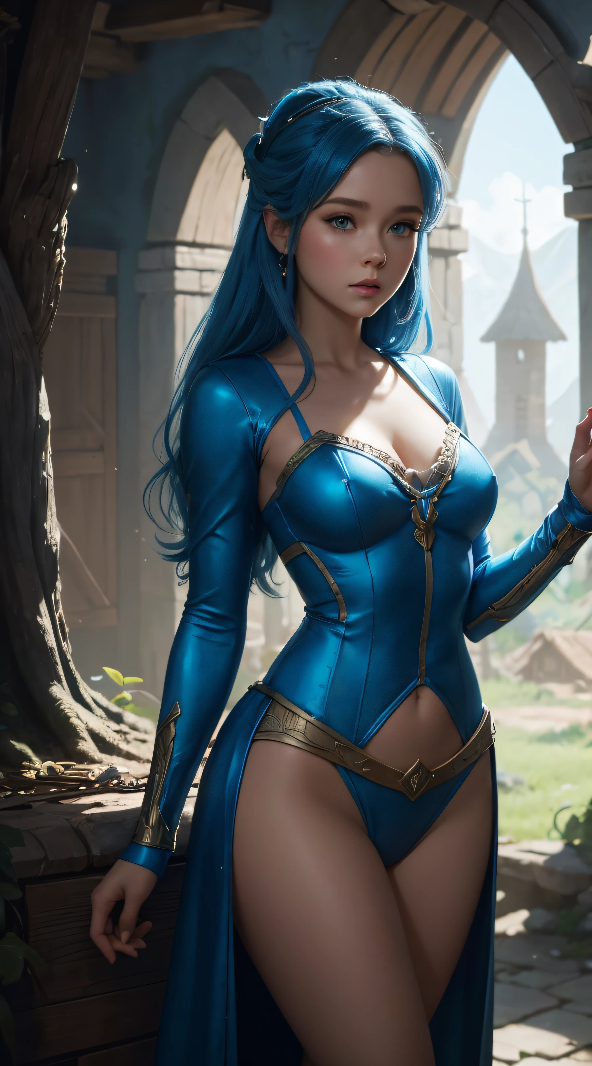 Brec Bassinger, Smurfette sexy clothes, stand in the smurf village, character portrait, 4 9 9 0 s, long hair, intricate, elegant, highly detailed, digital painting, artstation, concept art, smooth, sharp focus, illustration, art by wlop, charlie bowater and alexandra fomina