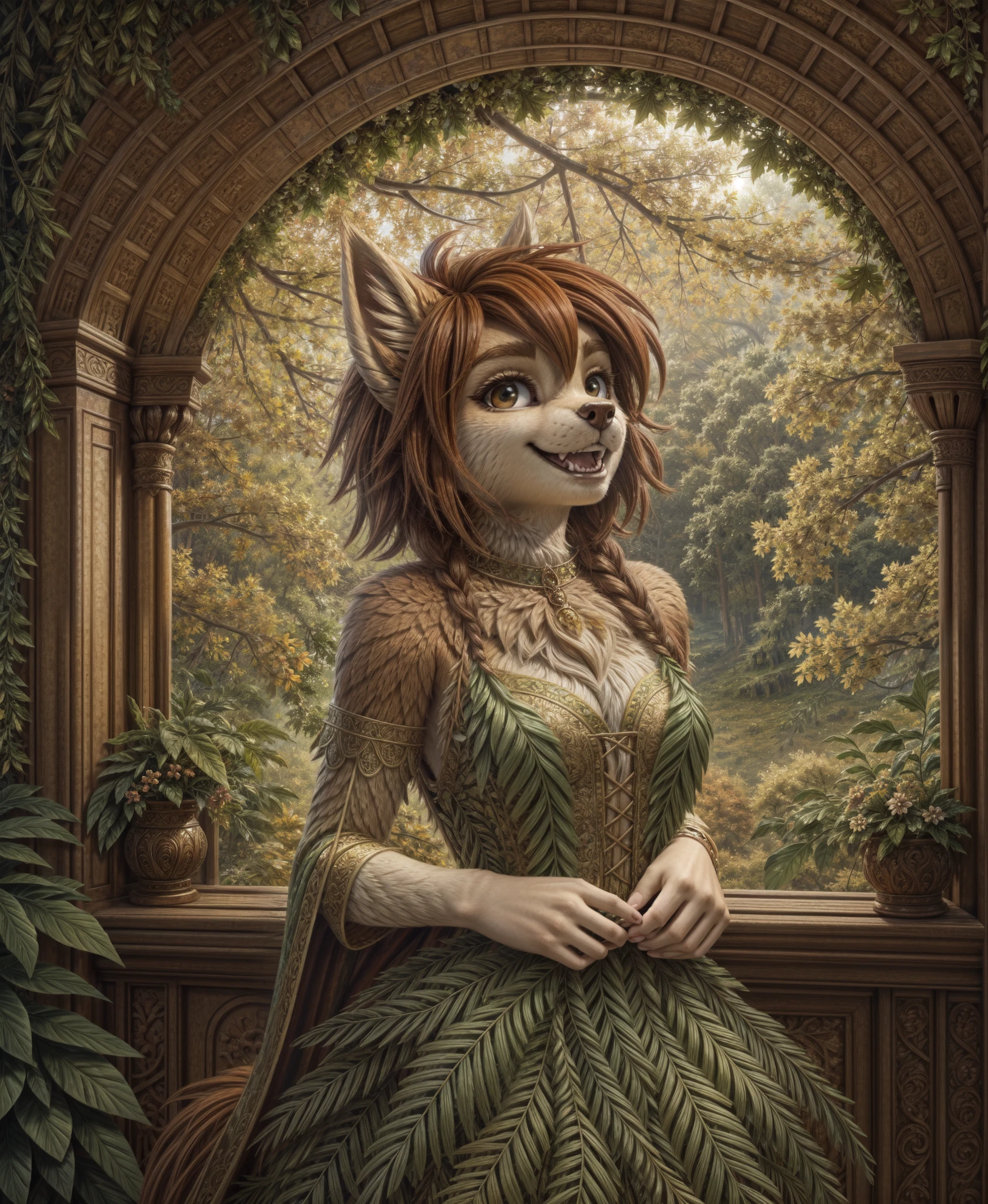 elora furry, detailed and extremely fluffy body fur, fluff, masterpiece, looking up beautiful surroundings, detailed background, happy, leaf-dress,