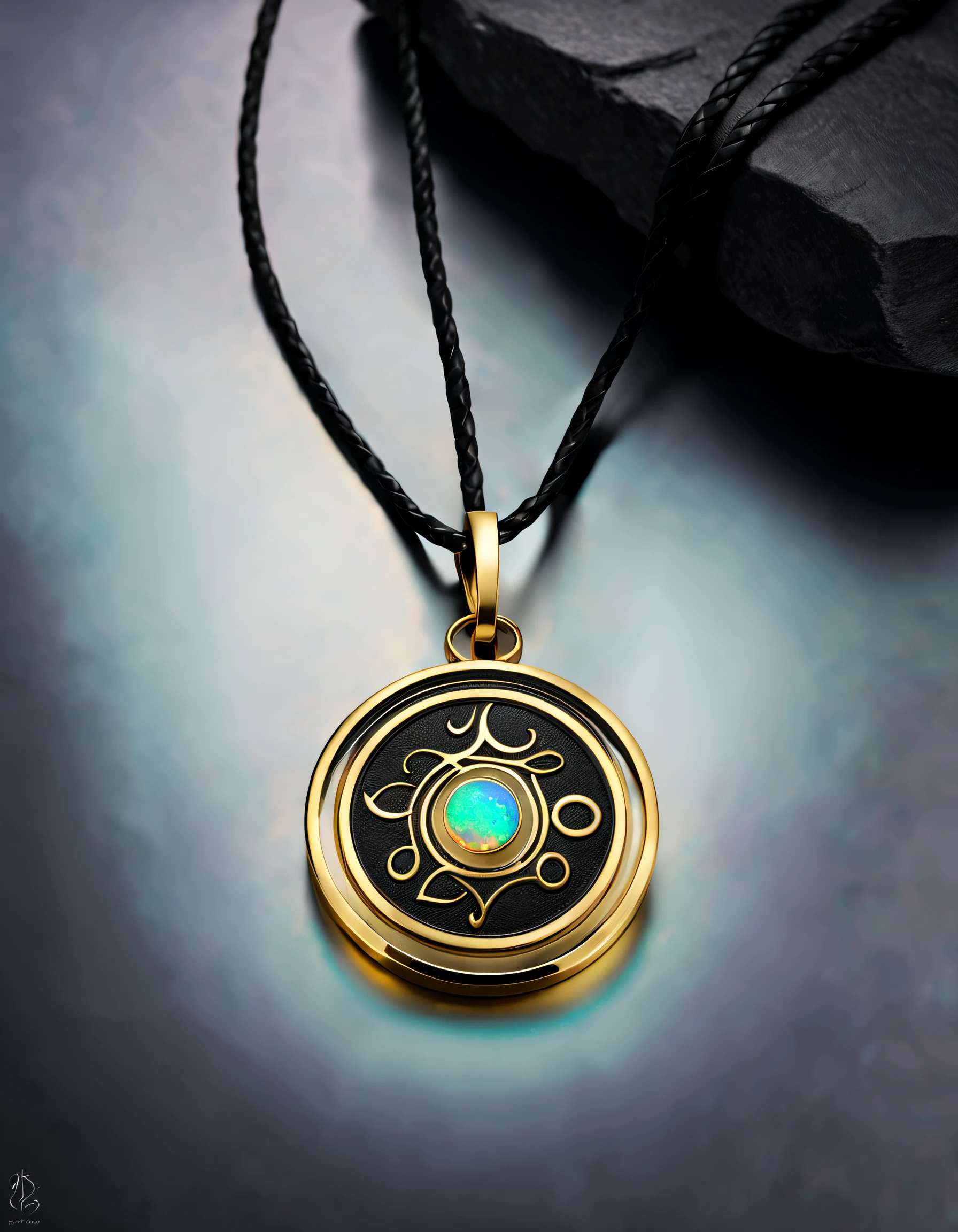 Item design, brand design, logo design,
(A black circular abstract pendant of Libra), (engraved with a golden little Libra), (a double opal: 1.3), (Libra's zodiac symbol: 1.2), (pendant with the Cindy Xu letter engraved on the side), (black leather rope), (black gold border: 1.1), frosted craftsmanship, geometric patterns, black stones, exquisite complex structure, Bohemian style, Van Cleopard, Cartier,
Background: White, jewelry photography, ultra-high definition, high quality,