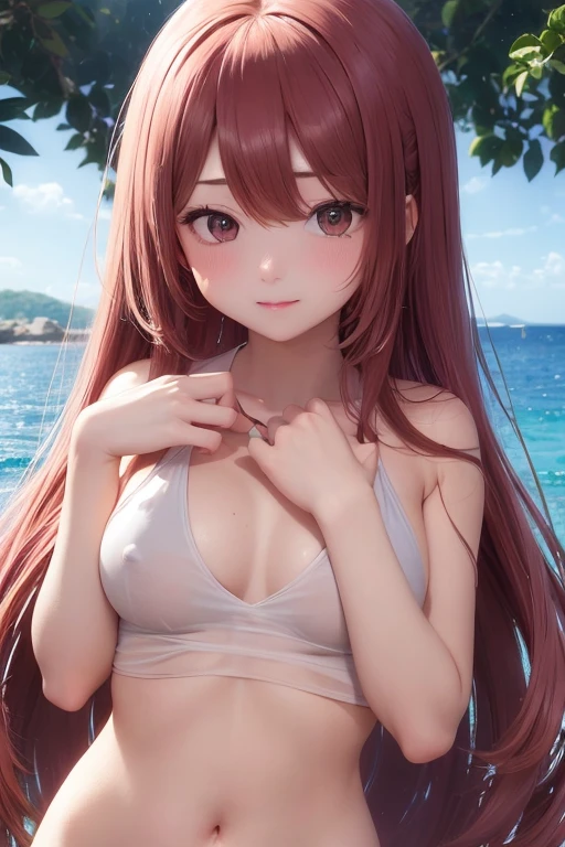 (masutepiece、8K、An ultra-high picture quality、ultra-quality、high detal、realisitic、realphoto、Photorealsitic、超A high resolution)Detailed cute girl、18year old、((You're looking at me with your chest sticking out in the sea on the shore)))、White tight-fitting tank top、Sheer underwear、half-pants、Facial Focus、red blush、Smooth taste、looking at the viewers、Silky hair、hair wavy、Chest that looks like the tank top is about to burst、Perfect and constricted body、dishevled hair、Random posture、、red blush、Ecstatic look、Perfect and cute face、detailed and bright eyes、Full body composition、NSFW