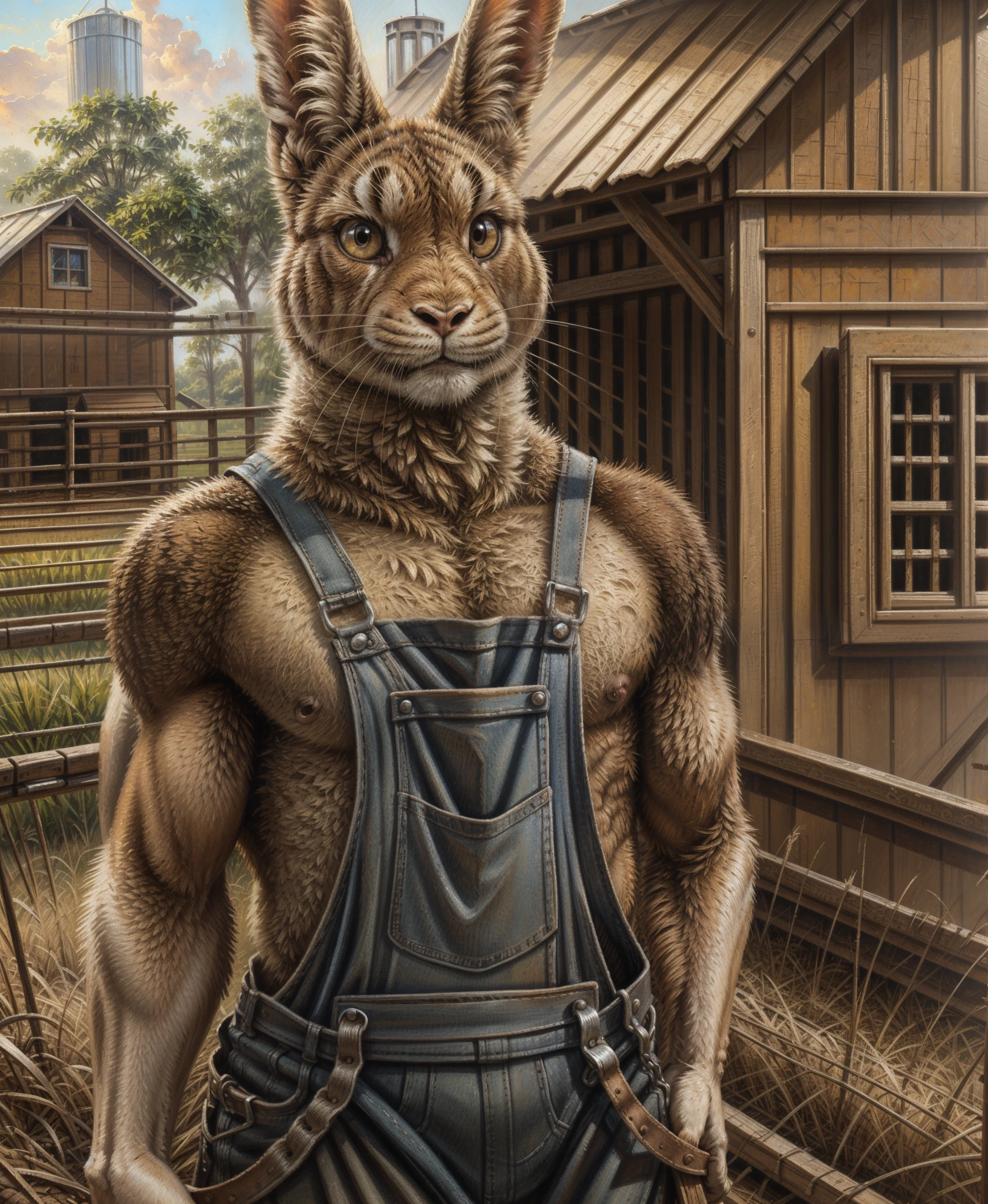 farm setting, Rabbit, lagomorph, muscular, overalls, happy, looking at viewer,
by Kenket, (Sharp focus, masterpiece, 8k, intricate artwork, hyper detailed, high detail),