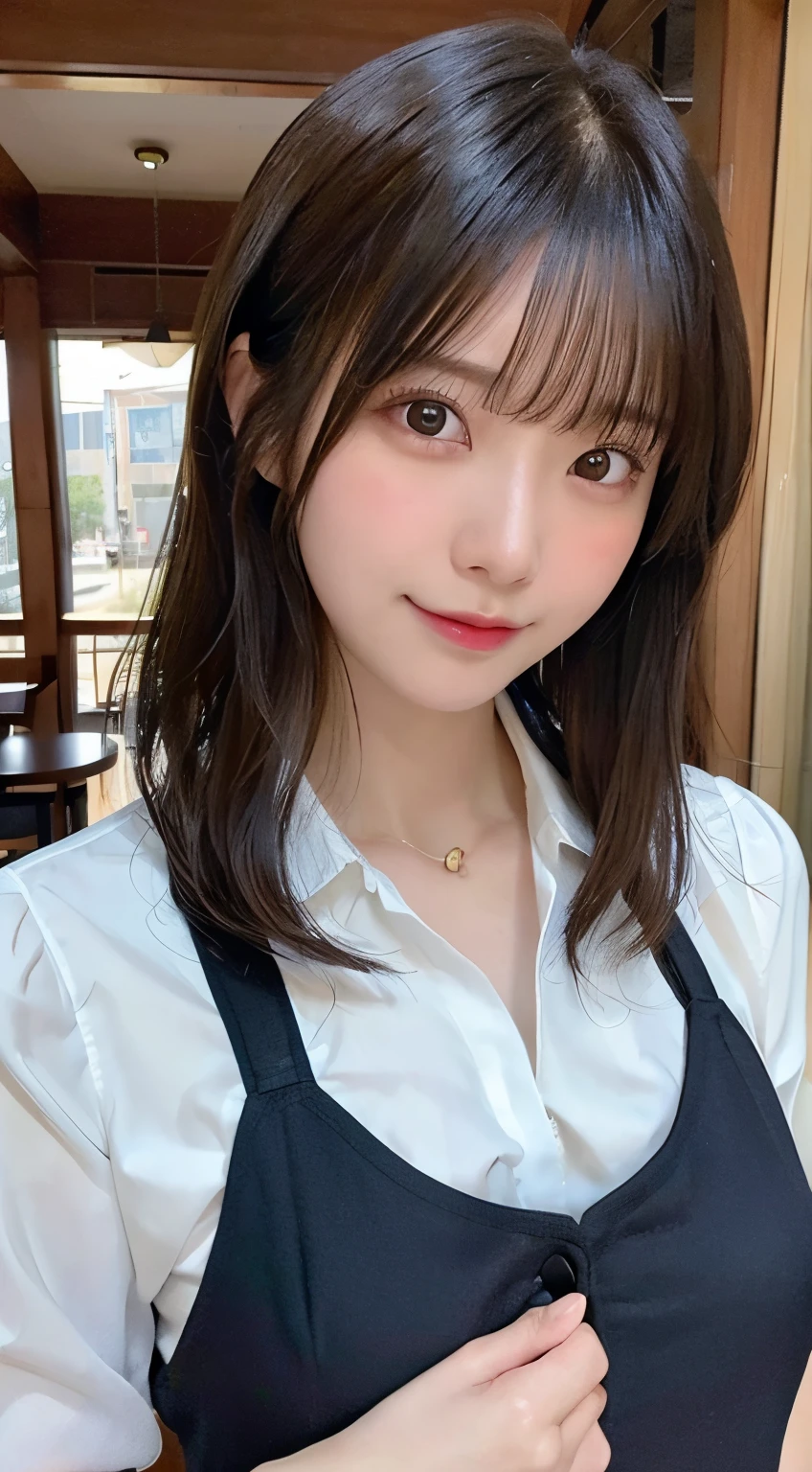 highest quality, Photoreal, finely, High resolution, 8k wallpaper, perfect dynamic composition, beautiful and detailed eyes, tie hair, black hair、big and full breasts, random sexy pose,chest to chest、(Breast bulge 1.3)、laughter、(droopy eyes 1.4)、adult beauty、Japanese、look at the person taking the photo、(Maid clothes)、20 year old girl, Cafe、full body shot、pass the coffee