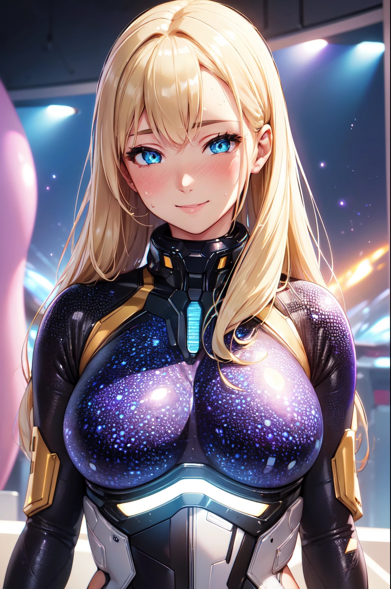 (High quality, High resolution, Fine details), Realistic, ((Futuristic bodysuit with galaxy pattern)), Detailed galaxy, solo, curvy women, Blonde hair, sparkling eyes, (Detailed eyes), smile, blush, Sweat, Oily skin, shallow depth of field