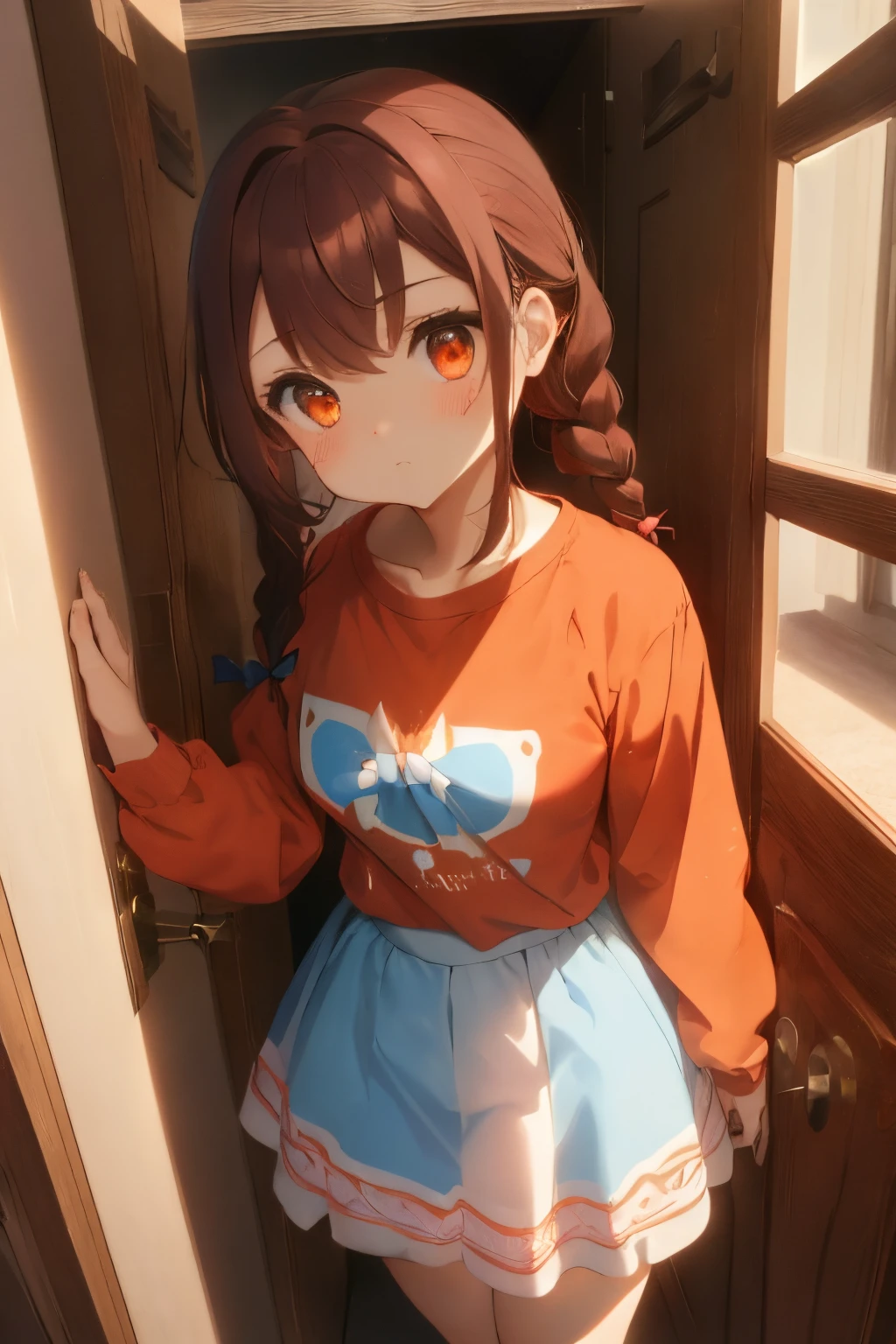 ((inside the entrance of your house)),(entrance hood),Long hair with soft volume,dark brown hair,(Braided shorthair),Slightly red tide,Red ribbons,(Orange Eyes),((White long sleeve T-shirt)),(Pink and light blue fluffy ruffle skirt),(Girls and unI put my hand on the door and look at you,((Troubled face)),Kamimei,((Short stature)),