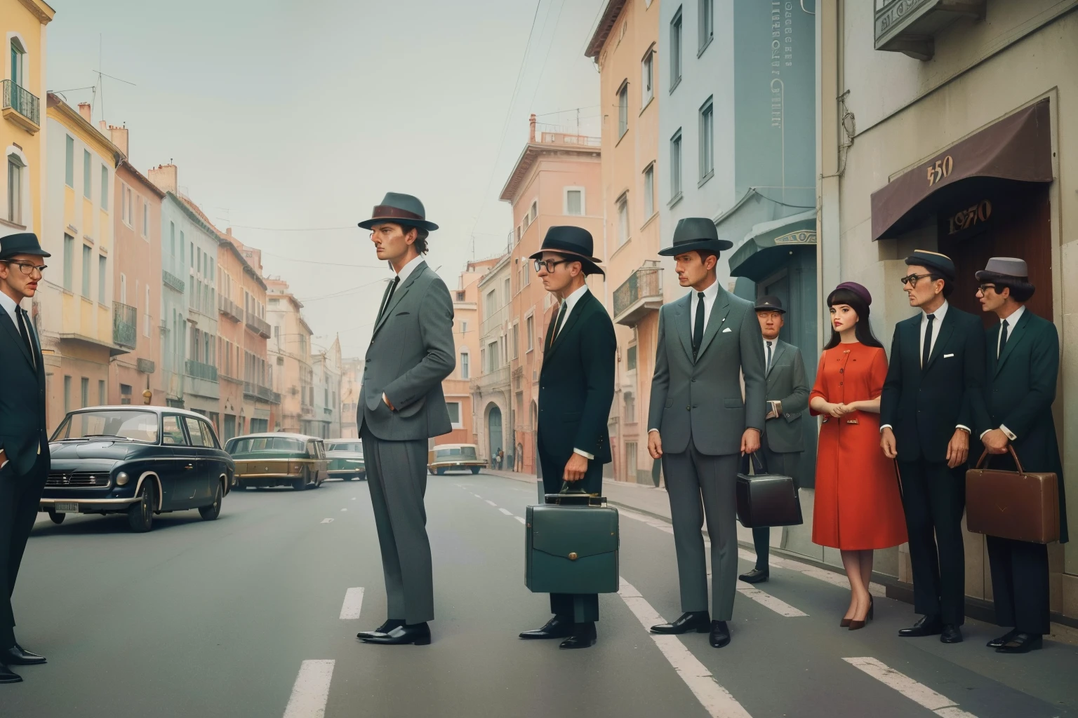 1965, Italy. Pre-raphaelite scene with a (very wide view) of a busy street, dispersed grey men, Michael Ende's grey men, with suit, hat, briefcases and a cigar, all in grey, sinister vibes ((((suits clothing of the 1960s)))), ((Wes Anderson cinematic style)), colorful