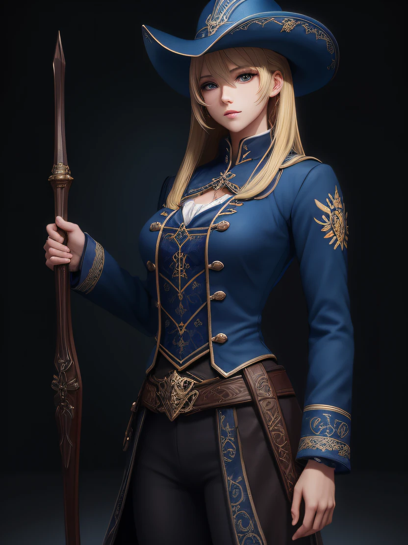 hightquality、hight resolution、masterpiece、foco nítido、photographrealistic、Raw photography、lighting like a movie、Photorealistic portrait of stunningly beautiful woman、cowboy shot、Frontal lighting、face lights、High brightness、Focus from the waist up、detailed symmetric realistic face、Highly detailed natural textures、ighly detailed、finely detail、a blond、palace musketeer blue uniform、gothic intricate pattern、cavalry blue hat、mark of the cross、long boots、Detailed hand depiction