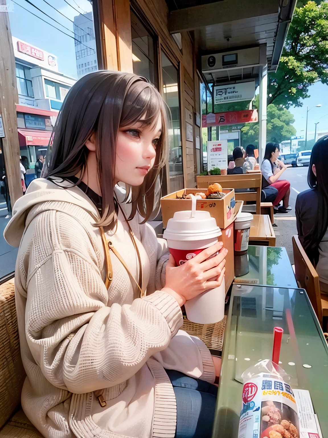 Sitting on a bench and eating donuts、woman drinking coffee, eating noodles, Gamine, drink boba tea, eats, zhuoxin ye, jinyiwei, eating ice cream, li zixin, chinese artist, begging for alms, The photo shows a large, ChineseGirl, gorgeous lady, Snacks, Uptrend ，, Holding a bucket of KFC