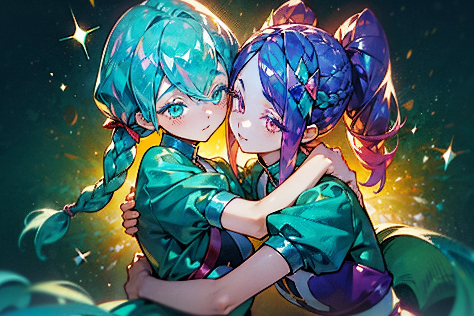 Close-up of two girlfriends with different precious hair, yuri, The first girl has blue hair and pink eyes., the second girl has green-turquoise hair, collected in two braids, turning into horns, (((Two girls hugging))), the same age, Young, ((in the style of Ichikawa Haruko)), Hauskies are not, The Land of Precious Stones, Original character, ((tmasterpiece)), (((beste-Qualit))), ((ultradetailed)), ((illustartion)), [The light effect of realism], eye shadow, (fantasy style), Simple background, illustartion, 2 girls, sly look, Majestic view (multi-colored hair, Hair gradient, Hair color from blue to peach, without bangs, (Side bangs), curly curl on the cheek, hairstyle: high ponytail, long tail), The eyes are crimson-red, Environment change scene, wide eyes, Lashes, side glance, Crystal hair, Glowing Hair, shirt with collar, galaxy, Additional lighting, uniform, tie, puffy short sleeves, Shorts, Smile, puffy short sleeves, Puffy armbands, Shirt, short sleeve, sparkle, Small flat chest, Girl with two long green pigtails and a happy face, wide eyes, turquoise hair, Turquoise textured hair, Double Long Bangs, Green eyes, (turquoise two pigtails), (braids), ((Two-braid hairstyle)), Two pigtails, turquoise horns