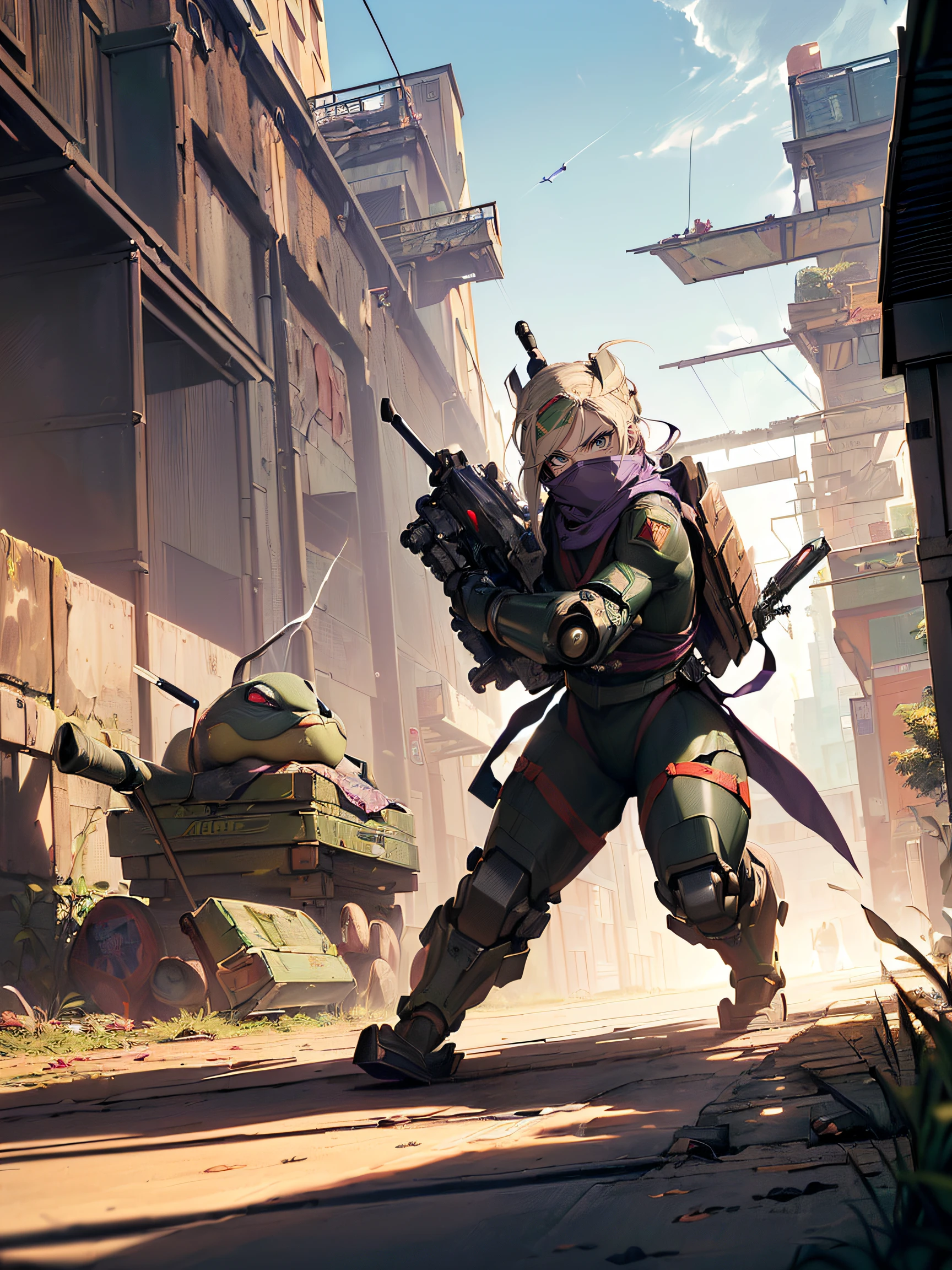 A female Teenage Mutant Ninja Turtle fighting an enemy:1.5, (A female Teenage Mutant Ninja Turtle:1.4), (a humanoid turtle who is trained in ninjutsu:1.3), (having a purple bandana and wielding a naginata:1.3), (the fifth member and the only girl of the team:1.3), (named after a Renaissance artist:1.3), (her name is Donatella:1.4), (the smartest and the most tech-savvy of the group:1.4), (often inventing gadgets and hacking devices:1.4), (fighting an enemy:1.4), (the enemy is Baxter Stockman:1.4), (a mad scientist who created the Mousers:1.3), (the Mousers are robotic rats that can chew through anything:1.3), (Baxter Stockman is wearing a mechanical suit with various weapons:1.3), (he is trying to capture the turtles for his experiments:1.3), (a scene of them fighting in the sewers:1.4), (Donatella is dodging the Mousers and slashing at Baxter Stockman with her naginata:1.4), (Baxter Stockman is firing lasers and missiles at Donatella:1.4), (Donatella is using her intelligence and skills to outsmart and defeat Baxter Stockman:1.3)