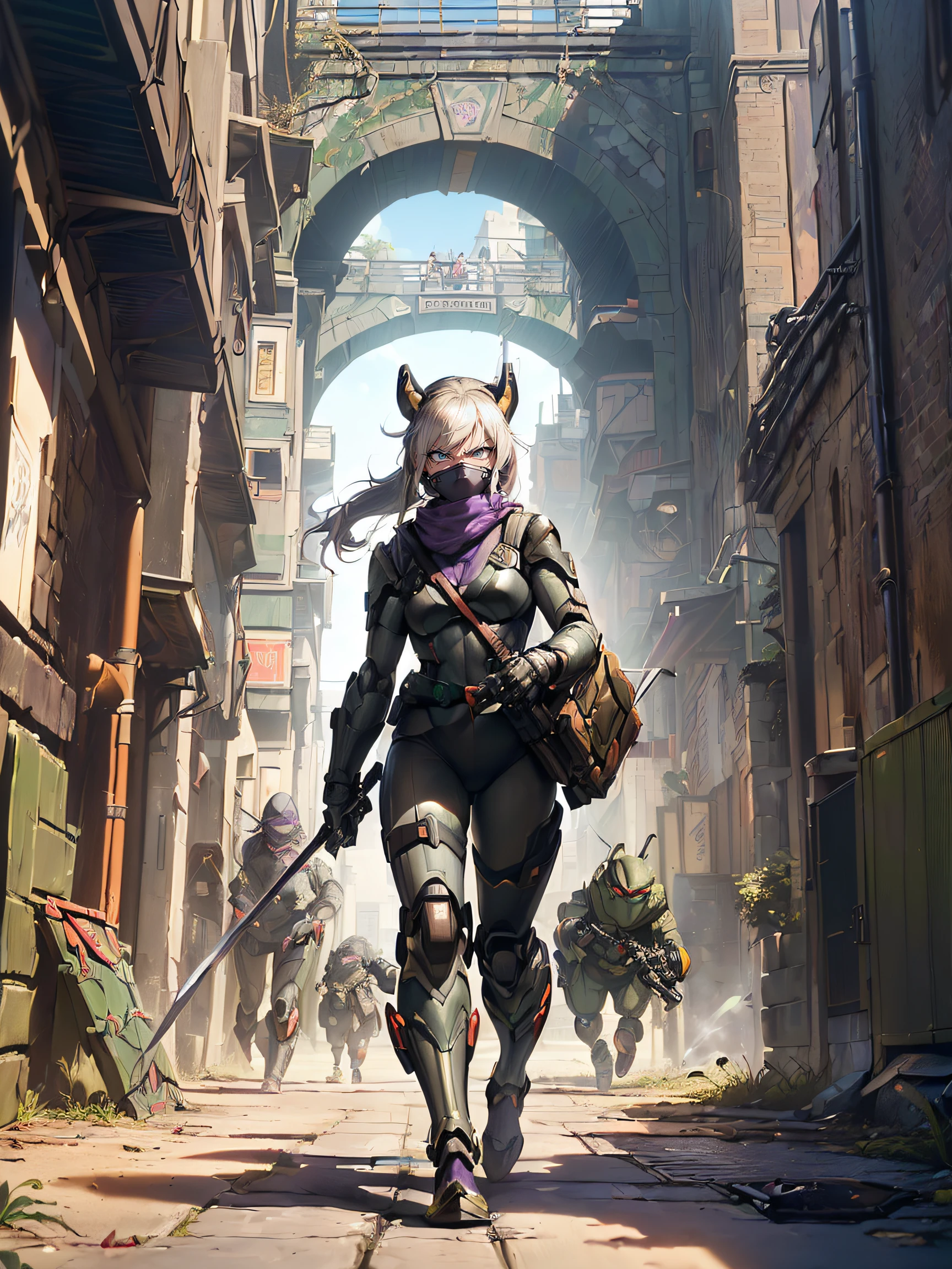 A female age Mutant Ninja Turtle fighting an enemy:1.5, (A female TeenMutant Ninja Turtle:1.4), (a humanoid turtle who is trained in ninjutsu:1.3), (having a purple bandana and wielding a naginata:1.3), (the fifth member and the only girl of the team:1.3), (named after a Renaissance artist:1.3), (her name is Donatella:1.4), (the smartest and the most tech-savvy of the group:1.4), (often inventing gadgets and hacking devices:1.4), (fighting an enemy:1.4), (the enemy is Baxter Stockman:1.4), (a mad scientist who created the Mousers:1.3), (the Mousers are robotic rats that can chew through anything:1.3), (Baxter Stockman is wearing a mechanical suit with various weapons:1.3), (he is trying to capture the turtles for his experiments:1.3), (a scene of them fighting in the sewers:1.4), (Donatella is dodging the Mousers and slashing at Baxter Stockman with her naginata:1.4), (Baxter Stockman is firing lasers and missiles at Donatella:1.4), (Donatella is using her intelligence and skills to outsmart and defeat Baxter Stockman:1.3)