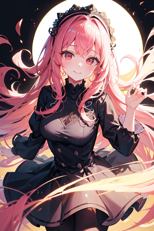(masterpiece:1.1), (best quality:1.1), 1girl, Real light and shadow, anime face, 4k, 8k, wallpaper,epic, detail texture, 1girl, smileee, black dress, black hairband, blush, closed mouth, gradient background, long hair, looking at viewer, medium breasts, pantyhose, white background, red eyes, shirt, simple background, solo, pink hair
