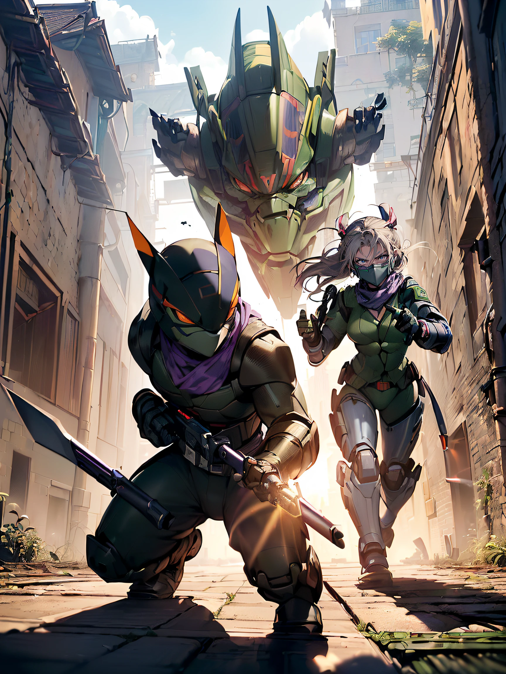 A female Teenage Mutant Ninja Turtle fighting an enemy:1.5, (A female Teenage Mutant Ninja Turtle:1.4), (a humanoid turtle who is trained in ninjutsu:1.3), (having a purple bandana and wielding a naginata:1.3), (the fifth member and the only girl of the team:1.3), (named after a Renaissance artist:1.3), (her name is Donatella:1.4), (the smartest and the most tech-savvy of the group:1.4), (often inventing gadgets and hacking devices:1.4), (fighting an enemy:1.4), (the enemy is Baxter Stockman:1.4), (a mad scientist who created the Mousers:1.3), (the Mousers are robotic rats that can chew through anything:1.3), (Baxter Stockman is wearing a mechanical suit with various weapons:1.3), (he is trying to capture the turtles for his experiments:1.3), (a scene of them fighting in the sewers:1.4), (Donatella is dodging the Mousers and slashing at Baxter Stockman with her naginata:1.4), (Baxter Stockman is firing lasers and missiles at Donatella:1.4), (Donatella is using her intelligence and skills to outsmart and defeat Baxter Stockman:1.3)