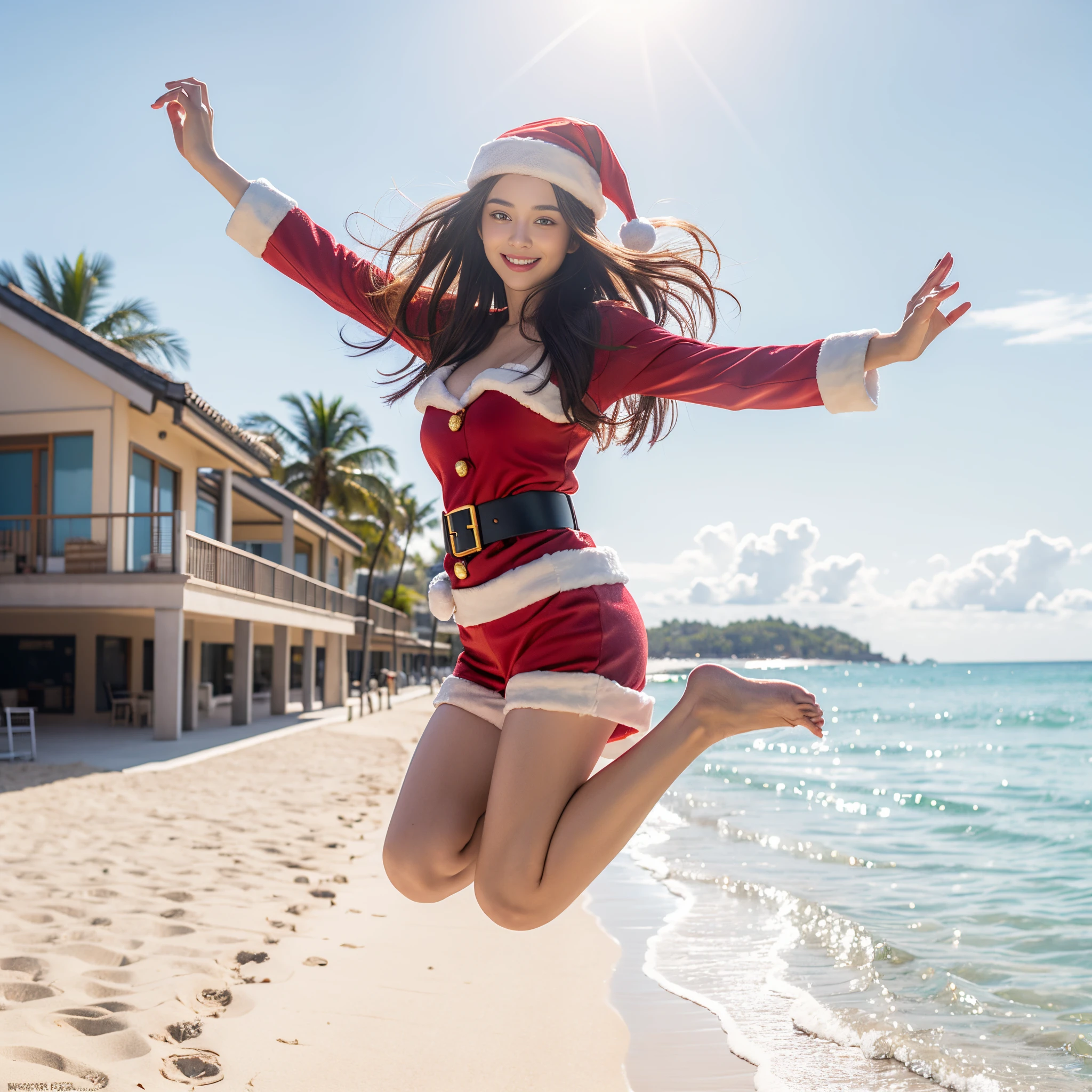 (Raw photo:1.2), (Photorealistic), Beautiful detailed girl, Very detailed eyes and face, Beautiful detailed eyes, Huge file size, High resolution, Very detailed, Best Quality, [masutepiece:1.6], Illustration, Very detailed, Fine detail, Best Quality, 8K Wallpaper, Movie Lighting,15 year old woman wearing Santa Claus costume on the beach, barechested, No top,Nipples are visible, nudist resort beach, Jump with a smile, Woman like a model, santa claus in modern style, Santa Claus woman in trendy style