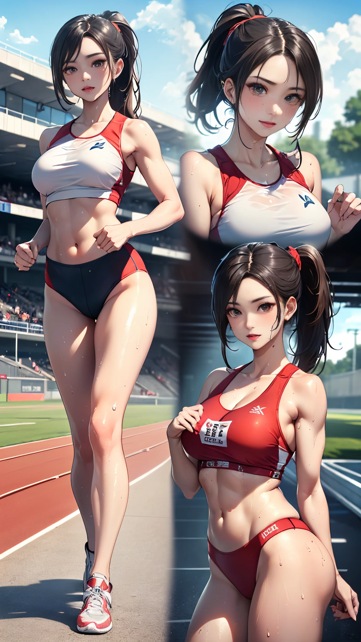 ((tmasterpiece, Top image quality, A high resolution、独奏、Large breasts,small tit、Sleeveless uniforms on land、track and field athlete、High ponytail hairstyle、not wearing bra、Whole body ESBIAN、Tekaka skin、Skin glows))、Sweaty face、Latino, puberty, Covered in sweat、red lipsticks、Walk along the sports track、独奏、Hands and hips、Navel is visible、((Thigh elevation training))、((Run on the track))、(((manly body)))、((Evenly soaked with sweat))、(((full body seen)))