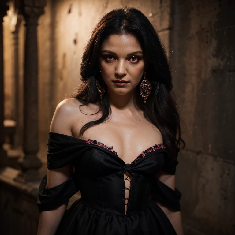((masterpiece)), Vampire princess, (absurdres, highres, ultra detailed),1girl, backlighting, bare shoulders, black background, black gothic dress, black and pink hair, blood, cowboy shot, dress, ornate ancient earrings, expressionless, roses, light particles, long hair, looking at viewer, off-shoulder gothic ancient boned design dress, rose petals, red eyes,upper body