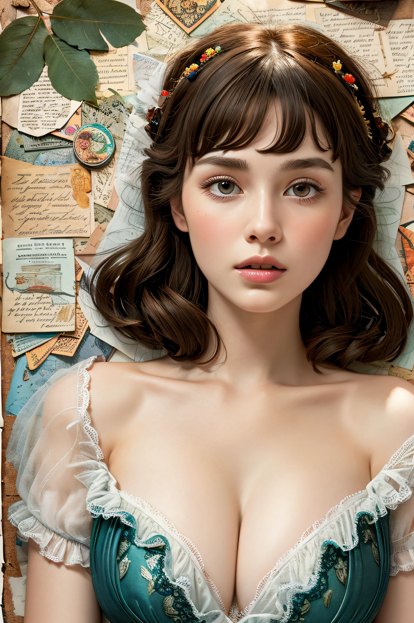 Super detailed alcohol ink painting of gorgeous girl, Made on top of a mixed-media masterpiece patchwork of stress-free vintage script paper, Ephemera, Torn cardboard, Vintage newspaper, Vintage sheet music, Wax Seal, Dress made of paper ruffles and life-size dainty lace, in the style of [Junk Journal, double exposure, Equal to the size of the body, Greg Simkins, Mark Davis, Oliver Jeffers, Andy Kehoe], Cinematic, Stunning, Highly detailed, 8K, dehazed