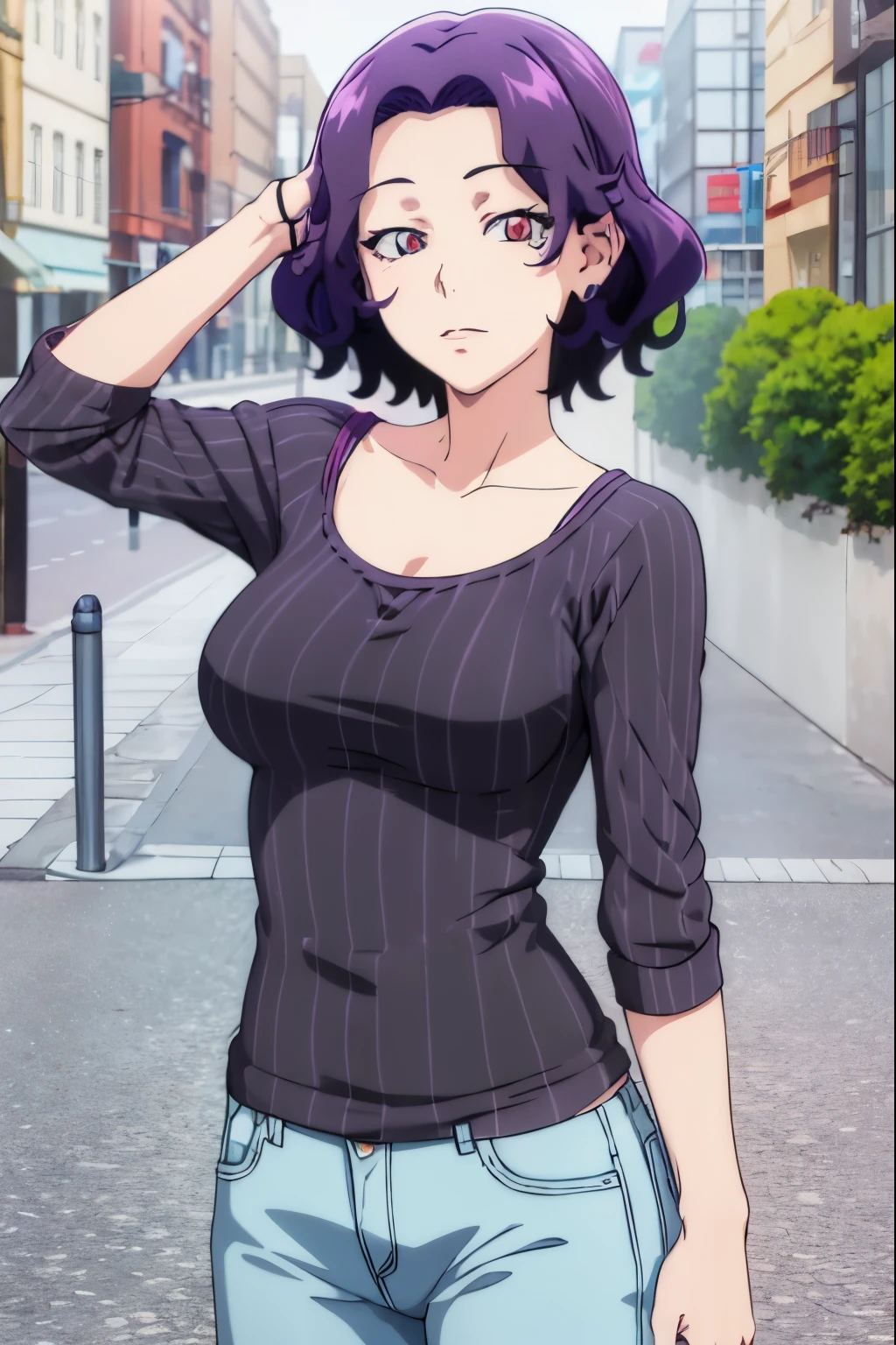 masterpiece, (best quality), 1woman, ,hamaoka_azusa,  purple hair , medium hair,sexy woman, casual clothes,best quality , vibrant colors ,natural lighting  ,RTX,   beautiful, (detailed face:1.2), showcase, (photorealistic:1.1), 8k uhd,  looking a viewer,  simple backround