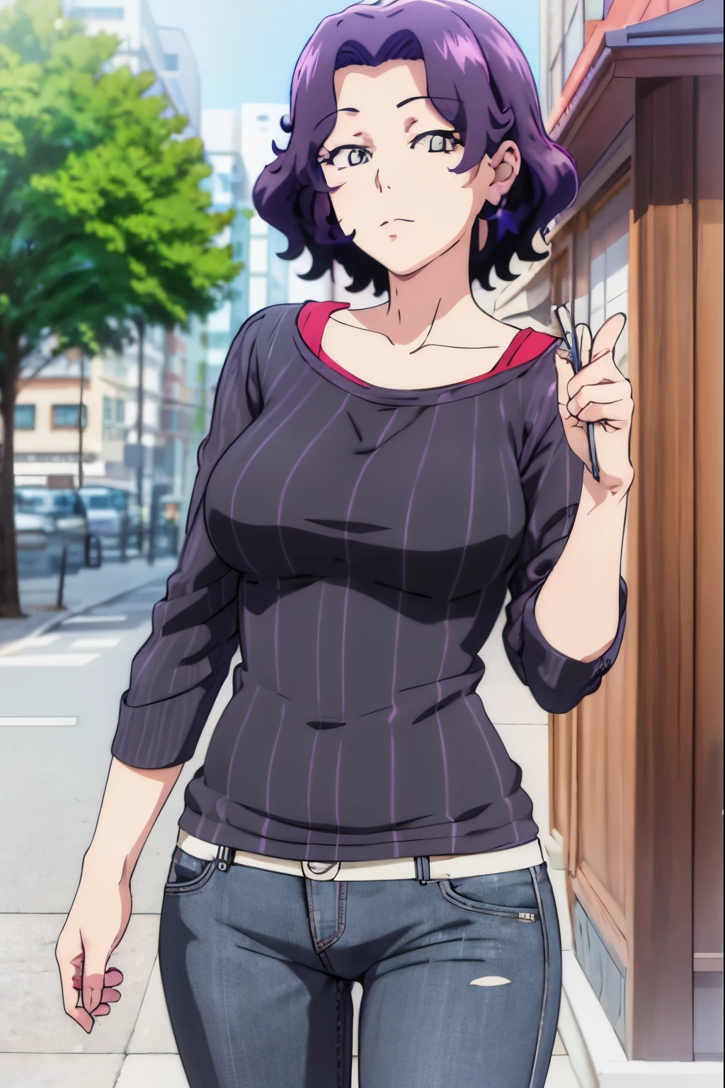 masterpiece, (best quality), 1woman, ,hamaoka_azusa,  purple hair , medium hair,sexy woman, casual clothes,best quality , vibrant colors ,natural lighting  ,RTX,   beautiful, (detailed face:1.2), showcase, (photorealistic:1.1), 8k uhd,  looking a viewer,  simple backround