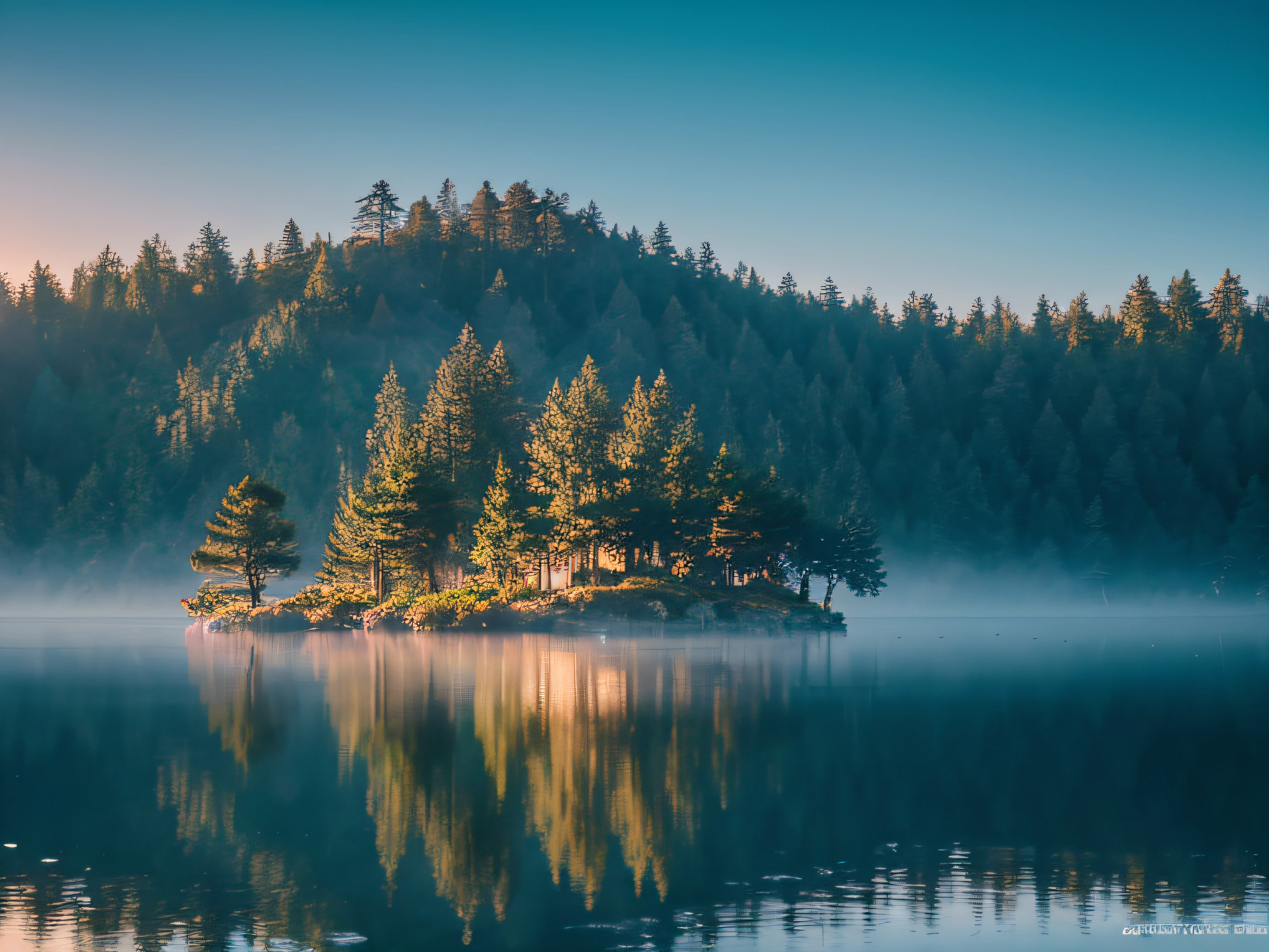 (Masterpiece), RAW, Photorealistic, Real photo, 8K, A small island floating in dense fog, several pine trees on the small island, the water surface is calm, the small island is reflected on the water surface, and the reflection is stunning, Proper Contrast.