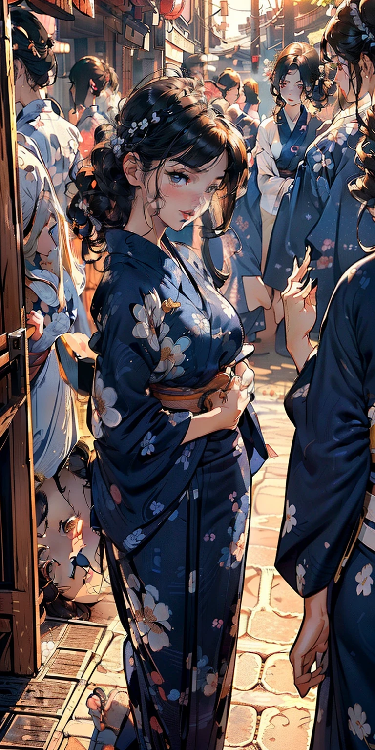 (((posterior view)))、(Big buttocks)、(masutepiece:1.3),(off shoulders) (((huge high resolution, ultra-detailliert, the Extremely Detailed CG Unity 8K Wallpapers, Realistic, Photorealsitic, Raw photo, beautifull detailed face, pale skin, realistic glistening skin, Detailed Cloth Texture, detailed hair texture, Perfect body, Beautiful face, acurate, Anatomically correct, Highly detailed face and skin texture, Natural neck length, (Beautiful hands), (Fair skin:1.2), thin legs, Thin feet, (Aligned teeth:1.1),
BREAK,
Detailed eyes, symmetrical eye, Light brown eyes, Double eyelids, Thin eyebrows, (Glossy lips:1.4), ((Provocative smile:1.2)), (blush:1.1), (Small hair accessories that sparkle:1.1),
BREAK,
(Classy and cute girl:1.3), (Wearing (navy blue yukata:1.2) With a white floral pattern:1.2),
BREAK,
medium large breasts, Slender figure, Firm abs,
((up do hairstyle, Dark blonde hair, Wavy Hair, Long hair, side-swept bangs, stray hair:1.2)), (Close Up Shot:1.2),
(Look with upturned eyes:1.2), (Focus on Face:1.2), From above:0.5,
BREAK,
Walk through an old Japanese hot spring town