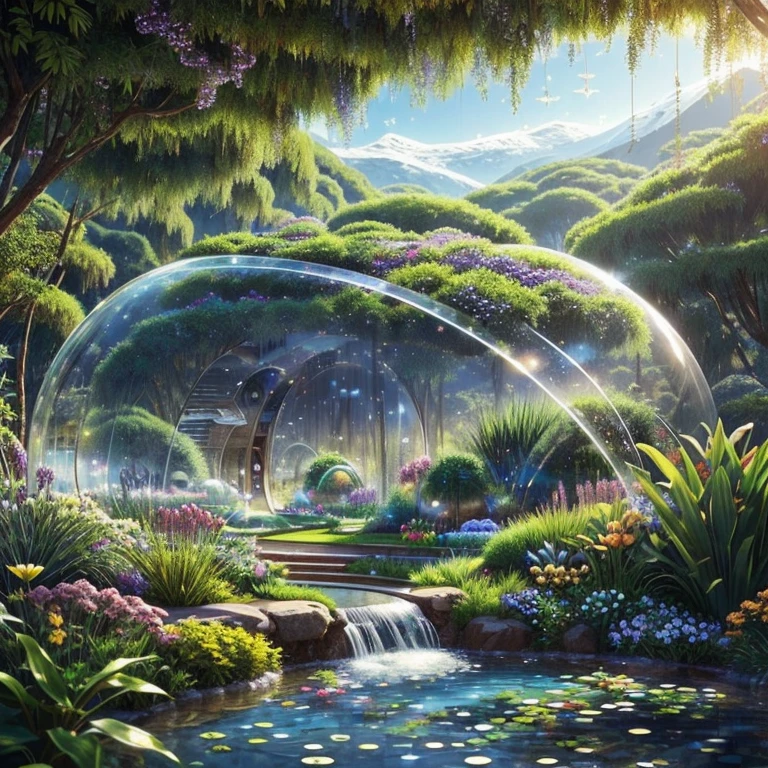 8k,ultra-fine,Realistic,Dynamic,mysterious,(masterpiece),(best quality, high quality:1.4),{Photorealistic},Realistic,Hyper Realistic,perfect anatomy,ultra detailed,perfect design,ultra detailed structures,Imagine a garden floating in space at midnight. A place where beautiful plants grow inside a huge transparent bubble. Each bubble contains its own unique ecosystem, which is a beautiful ecosystem to admire. Explore ideas for surreal intergalactic gardens that defy the laws of physics