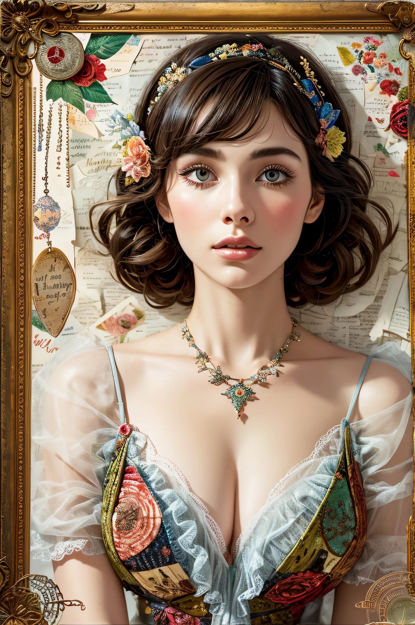 Super detailed alcohol ink painting of gorgeous girl, Made on top of a mixed-media masterpiece patchwork of stress-free vintage script paper, Ephemera, Torn cardboard, Vintage newspaper, Vintage sheet music, Wax Seal, Dress made of paper ruffles and life-size dainty lace, in the style of [Junk Journal, double exposure, Equal to the size of the body, Greg Simkins, Mark Davis, Oliver Jeffers, Andy Kehoe], Cinematic, Stunning, Highly detailed, 8K, dehazed
