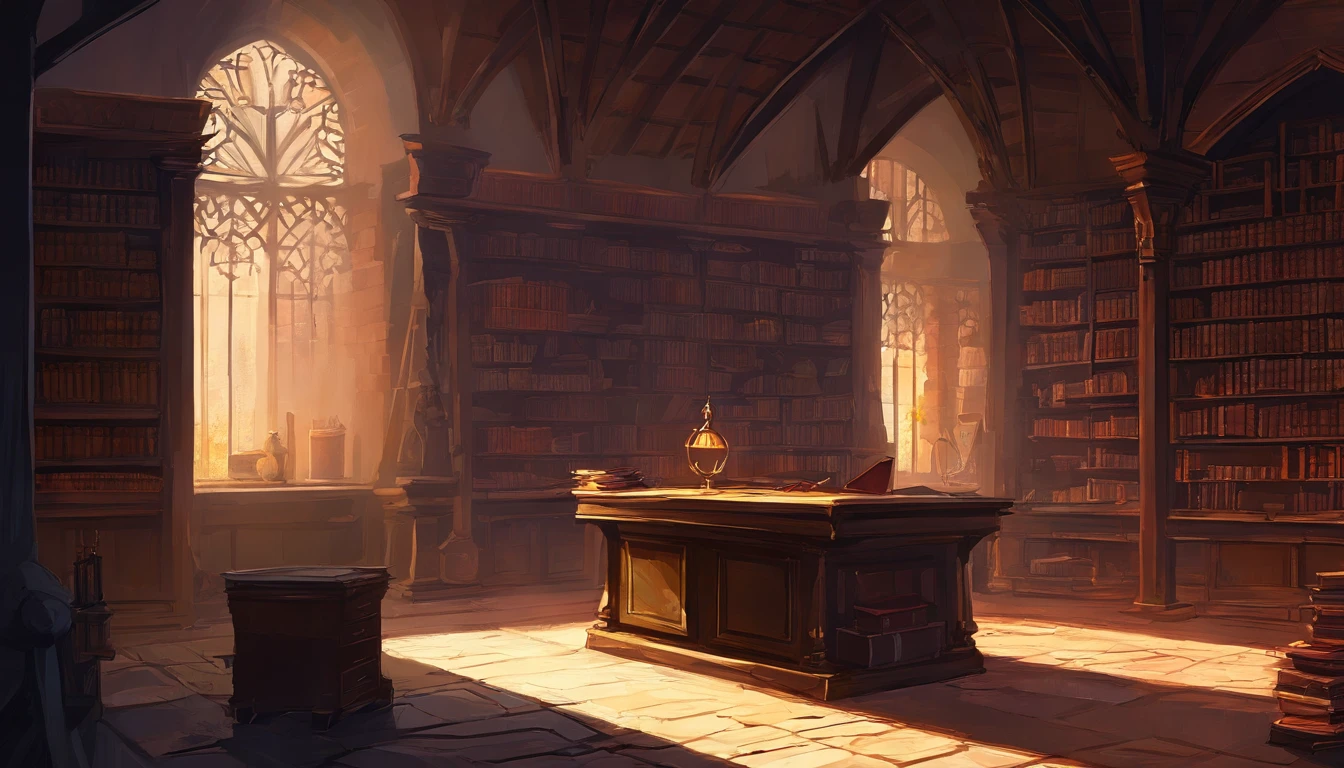1 medieval study room, a desk by a tall window with many book shelves, a scholarly room in the dusk light, atmosphere is serene and pleasantly cool