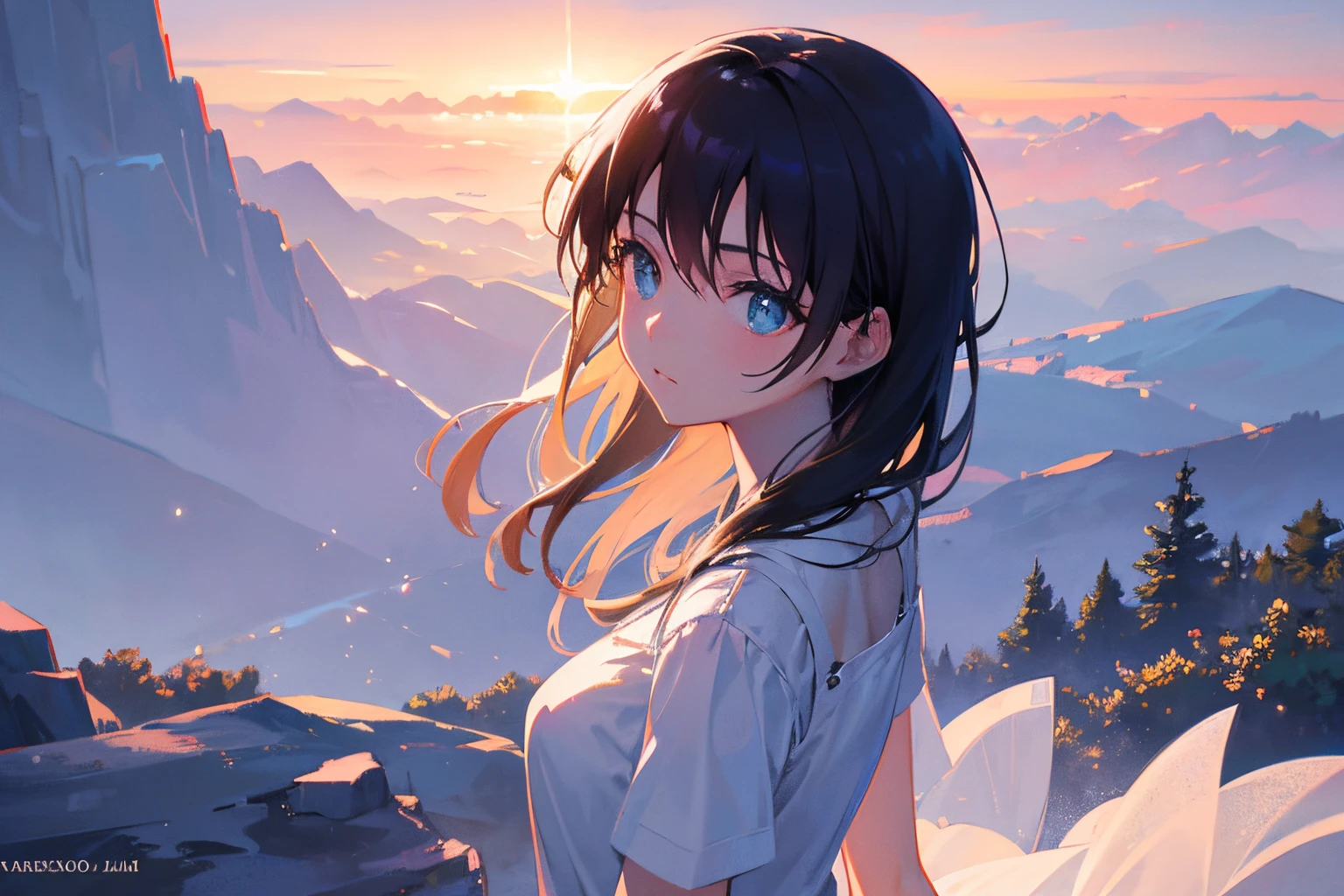 Create exquisite illustrations reminiscent of Makoto Shinkai's style, It has ultra-fine details and top-notch quality. Create a high-quality illustration that depicts the enchanting beauty of a morning where diamond dust reflects the first light of dawn. The scene should feature a girl captivated by this mesmerizing spectacle, contributing to a breathtaking landscape. Infuse the entire artwork with an ethereal and intricate atmosphere, ensuring a top-tier illustration that conveys the magical moment when diamond dust sparkles in the morning sun.